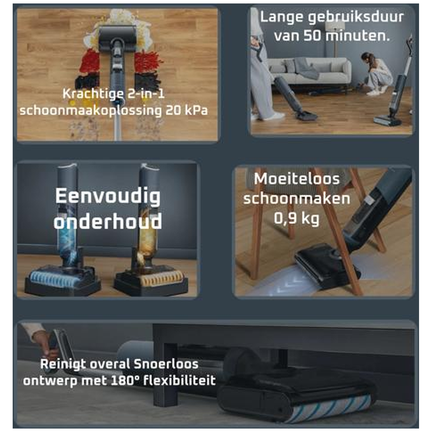 2-in-1 vacuum cleaner, 20 kPa. Long runtime: 50 minutes. Easy maintenance.