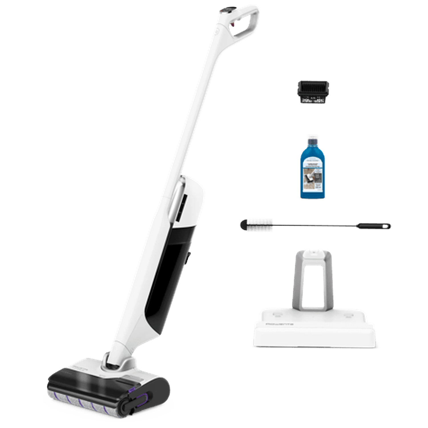 A white wet/dry vacuum cleaner with accessories: charging base, brush, filter, and cleaning solution.