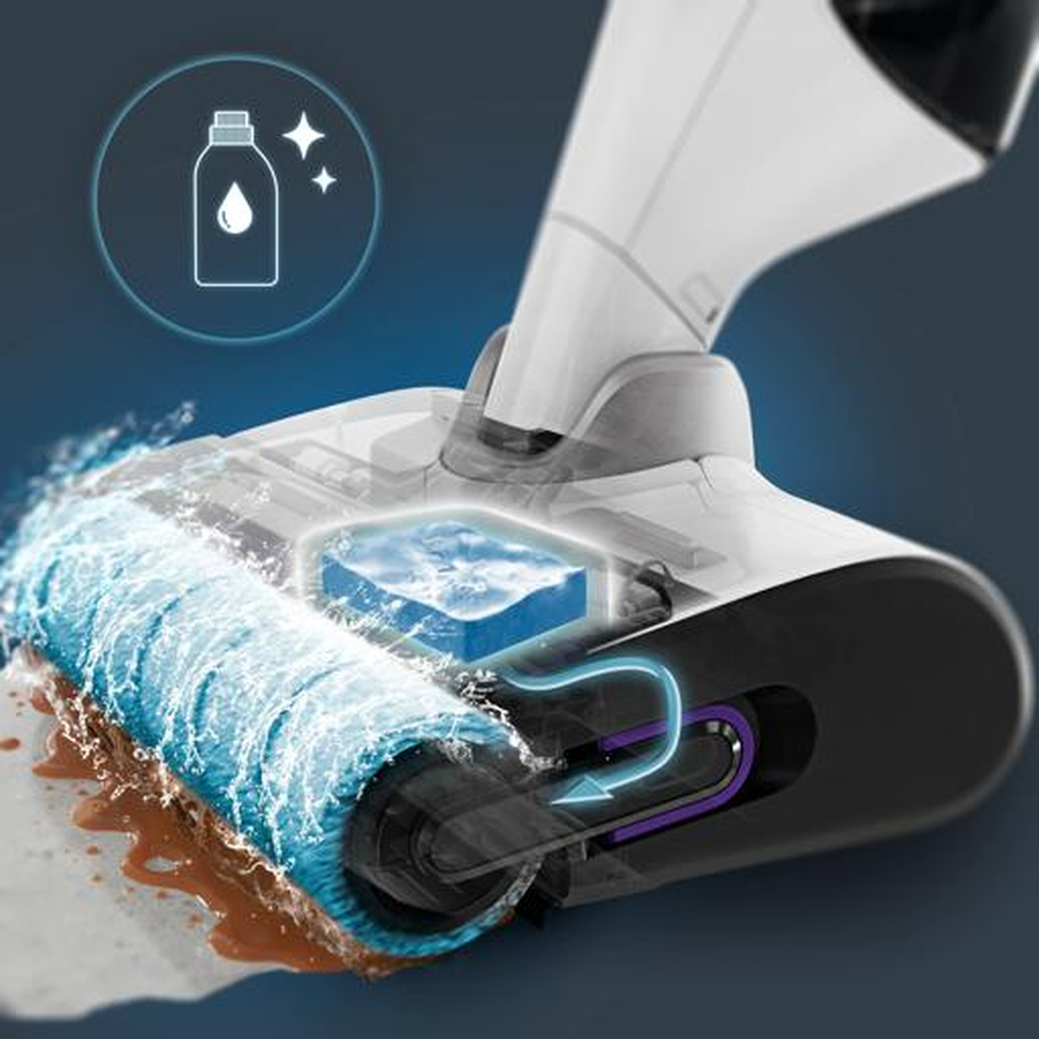 Vacuum cleaner brush head with water spray and cleaning fluid icon.