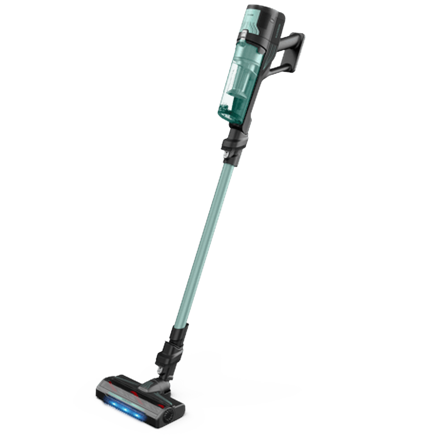 Een lichte, draadloze stofzuiger met blauw licht op de borstelkop en een teal stofreservoir.
