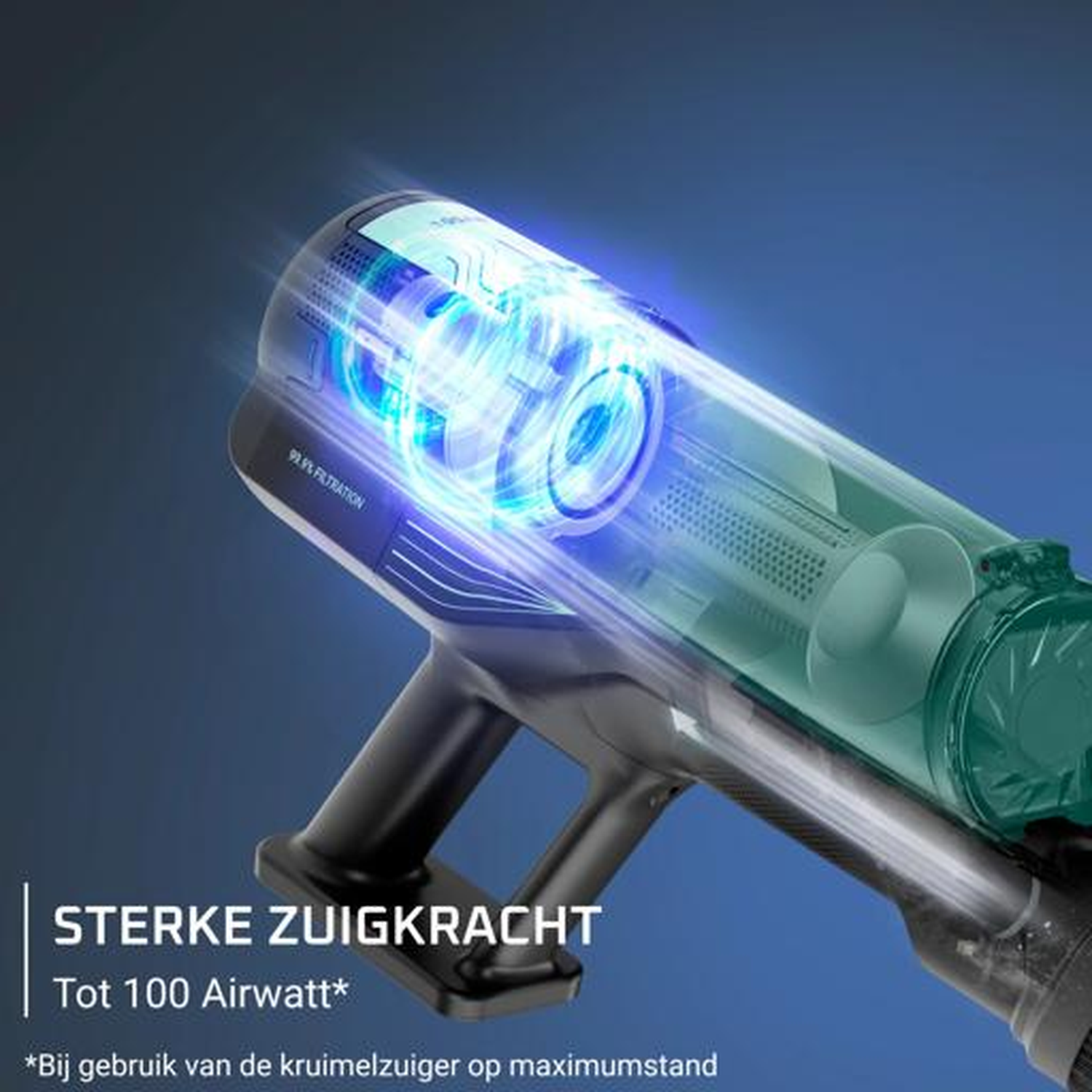Een kruimelzuiger met blauw oplichtende delen en tekst.