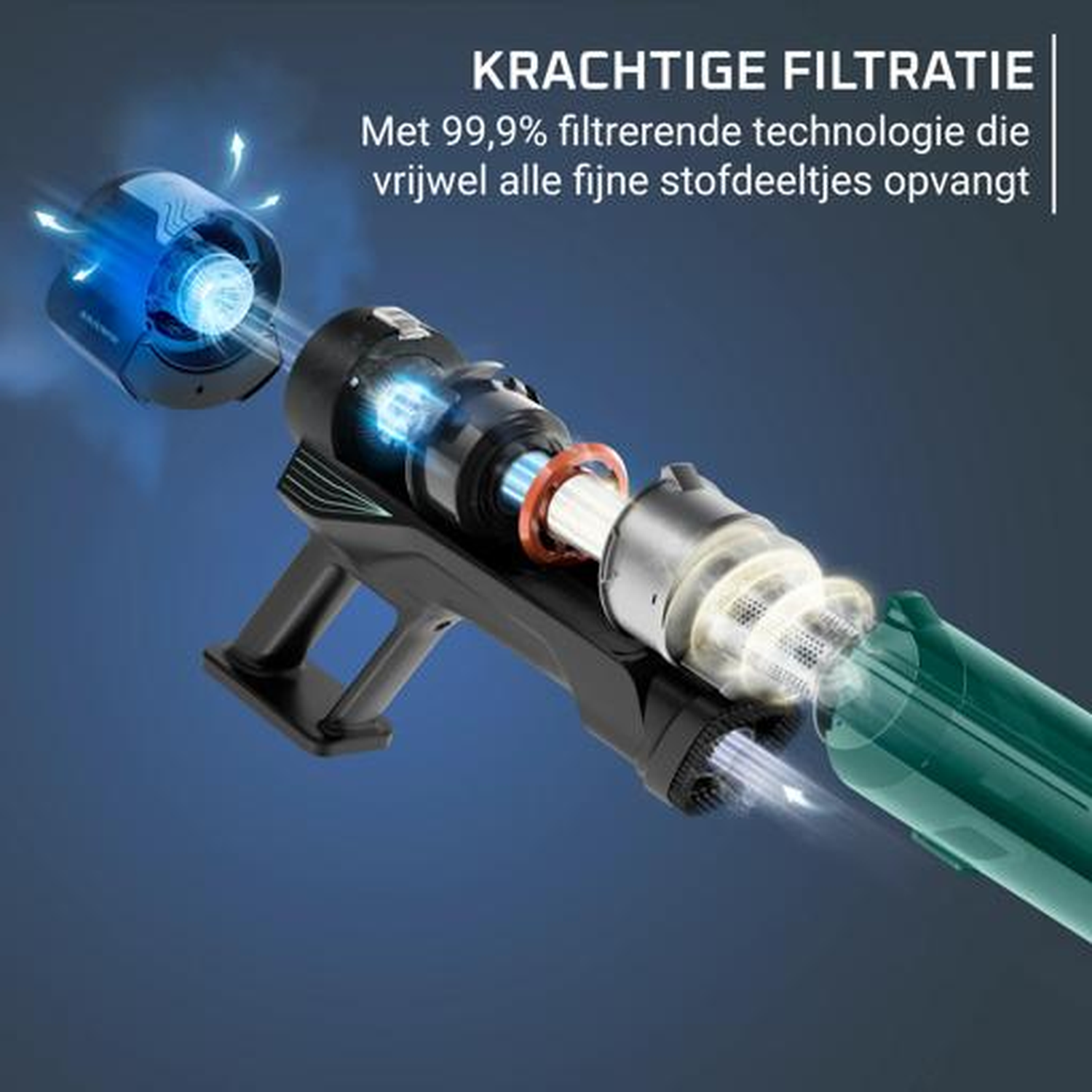 Een zwarte stofzuiger met blauw filter en groene stofbak. Krachtige filtratie.