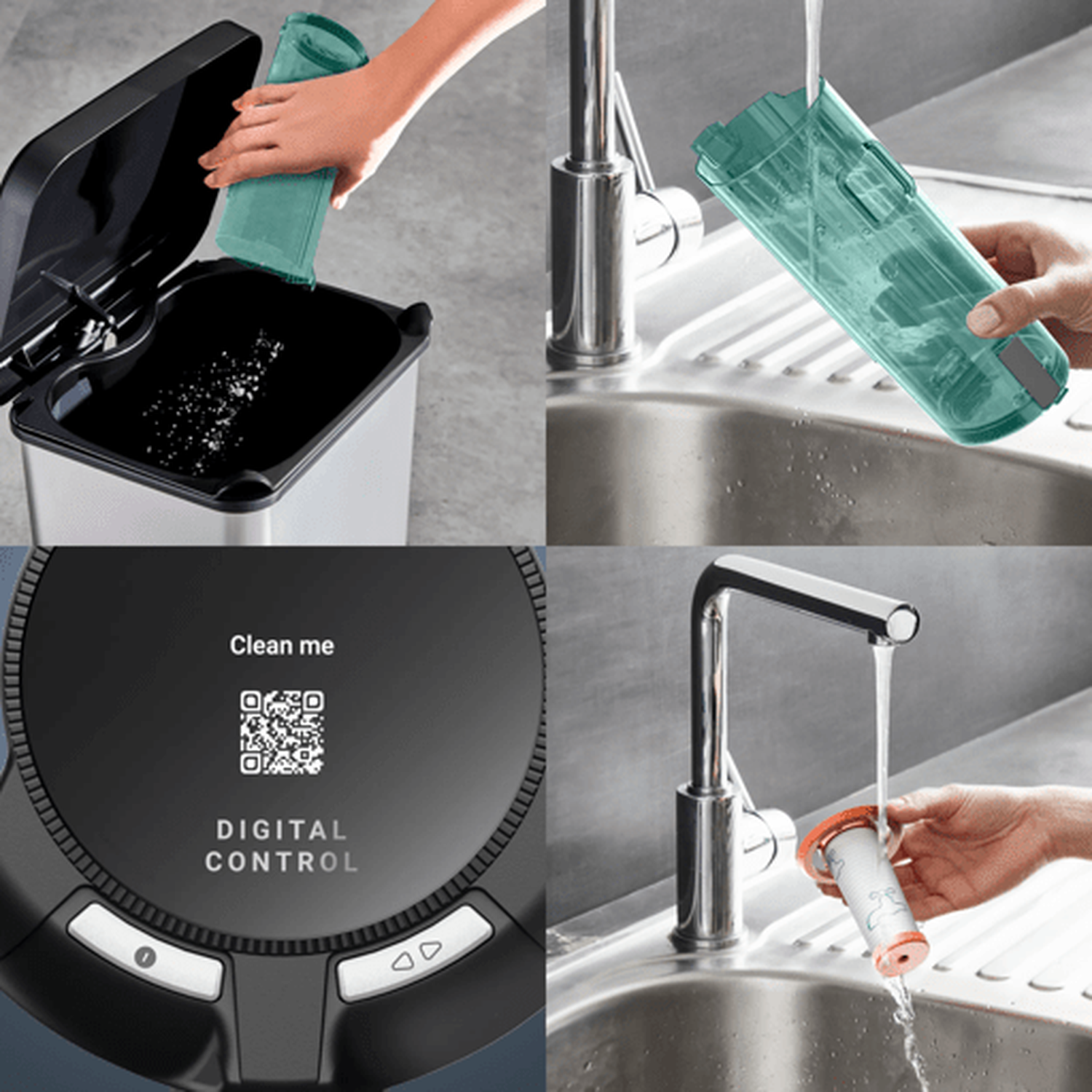 Een groene stofbak wordt geleegd in een prullenbak en een filter wordt onder water schoongemaakt.