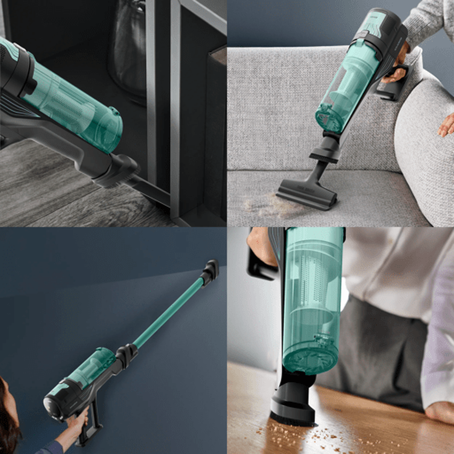 Vier aanzichten van een turquoise steelstofzuiger in verschillende huishoudelijke schoonmaakscènes.