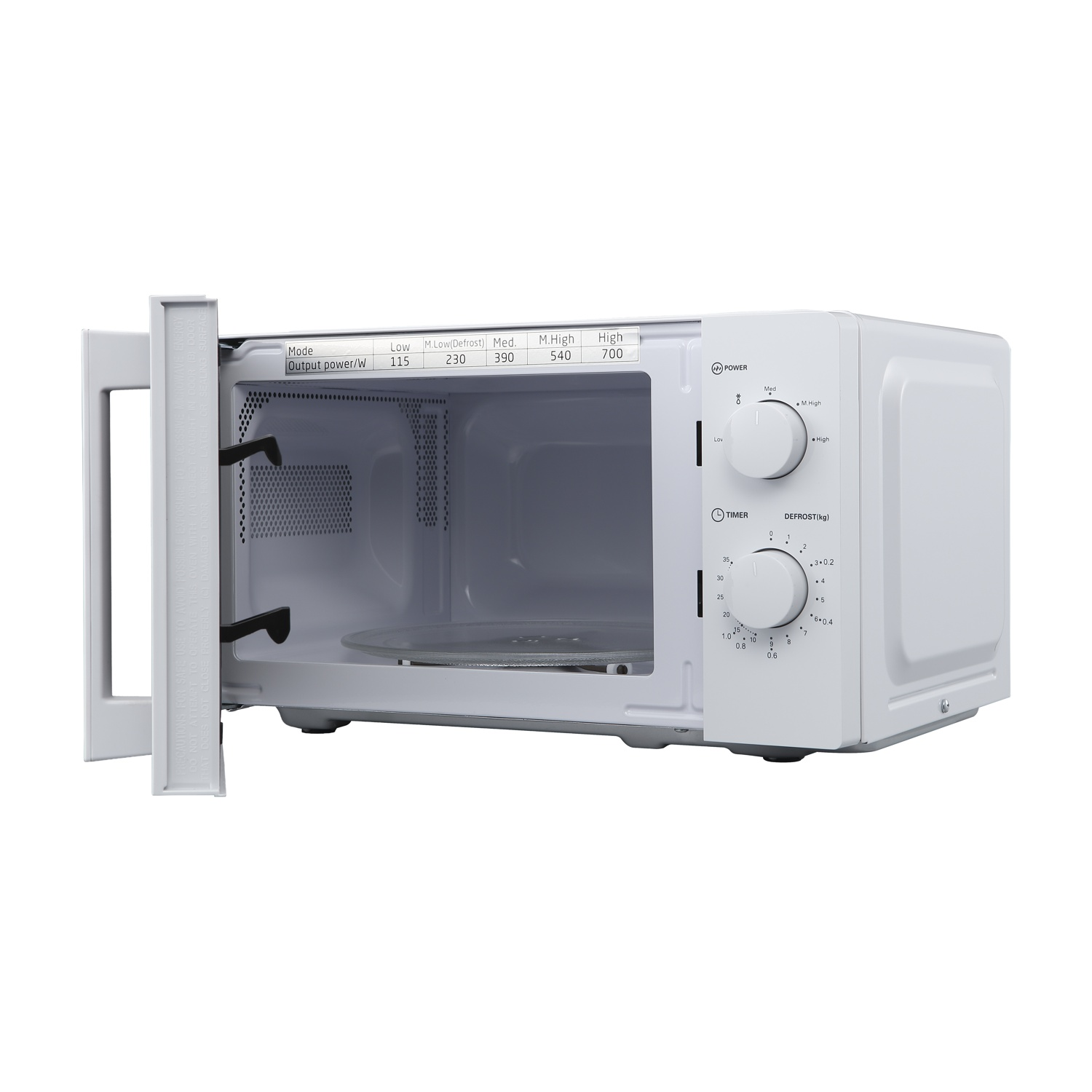 Un forno a microonde bianco con la porta aperta, vista frontale.