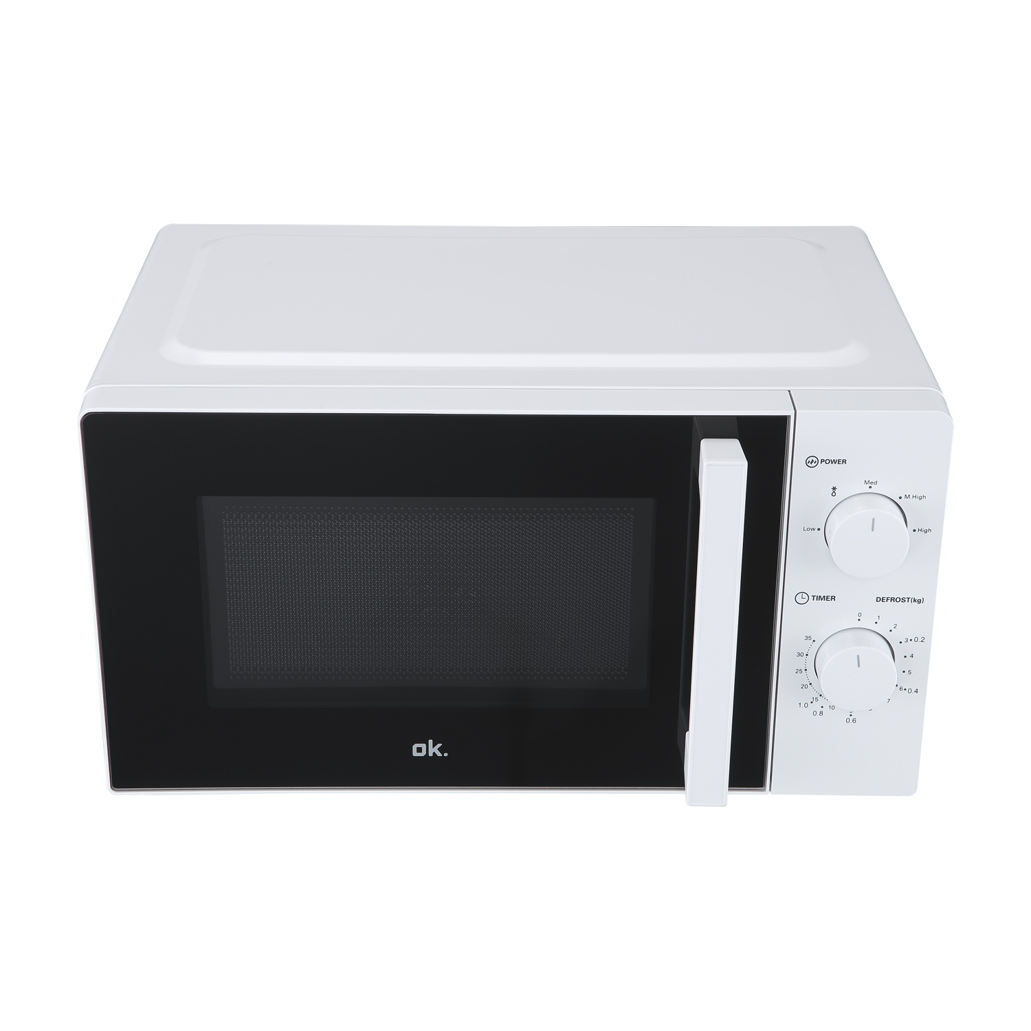 Un microonde bianco marca ok. con porta nera e due manopole.