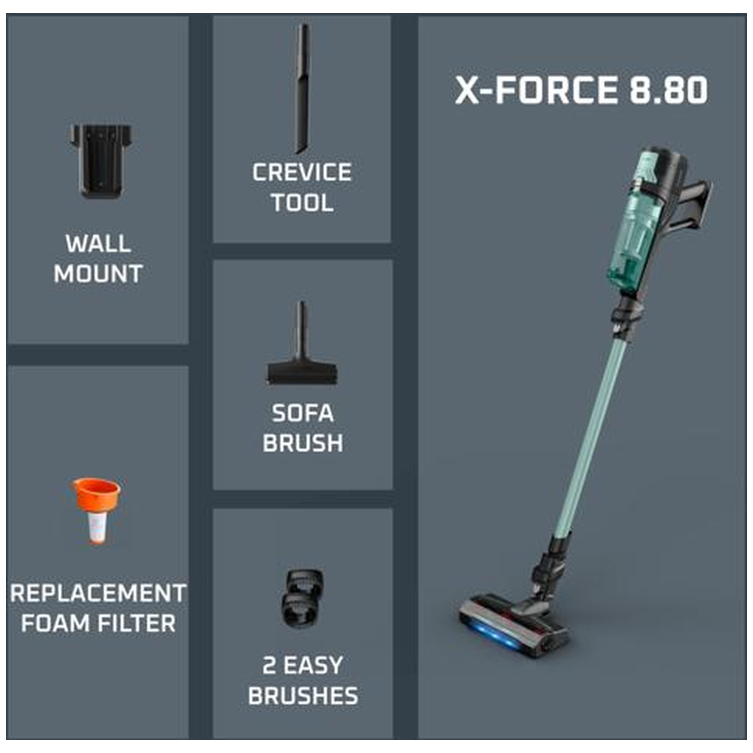 X-Force 8.80 stofzuiger met muurbeugel, kierenzuiger, bankborstel, filter en borstels.