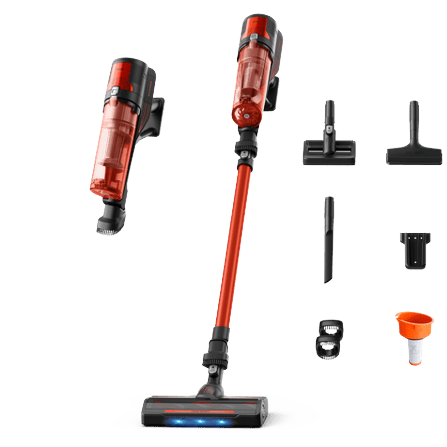 A red and black cordless vacuum cleaner with various attachments.