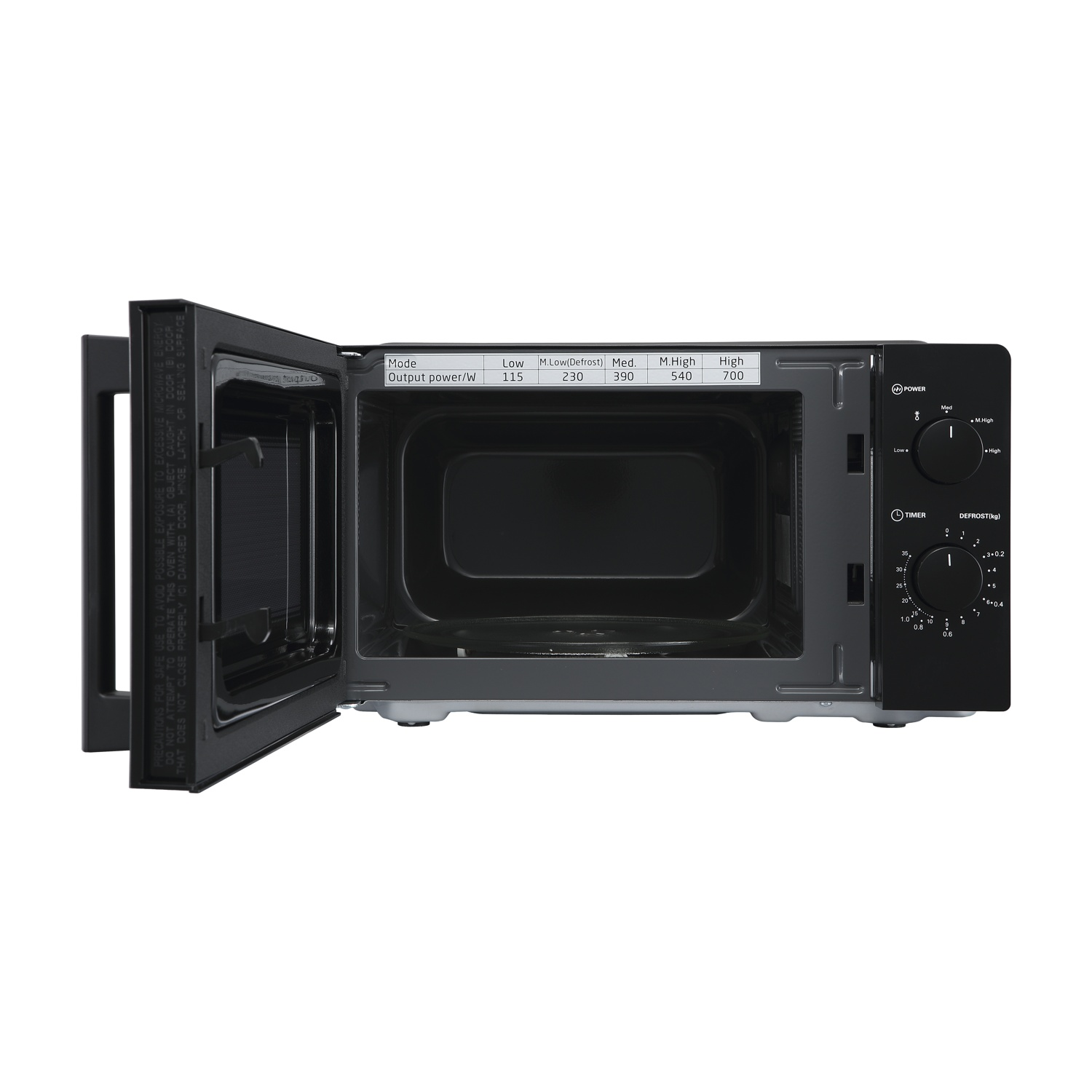 Un forno a microonde nero aperto che mostra il pannello di controllo e la tabella di potenza.