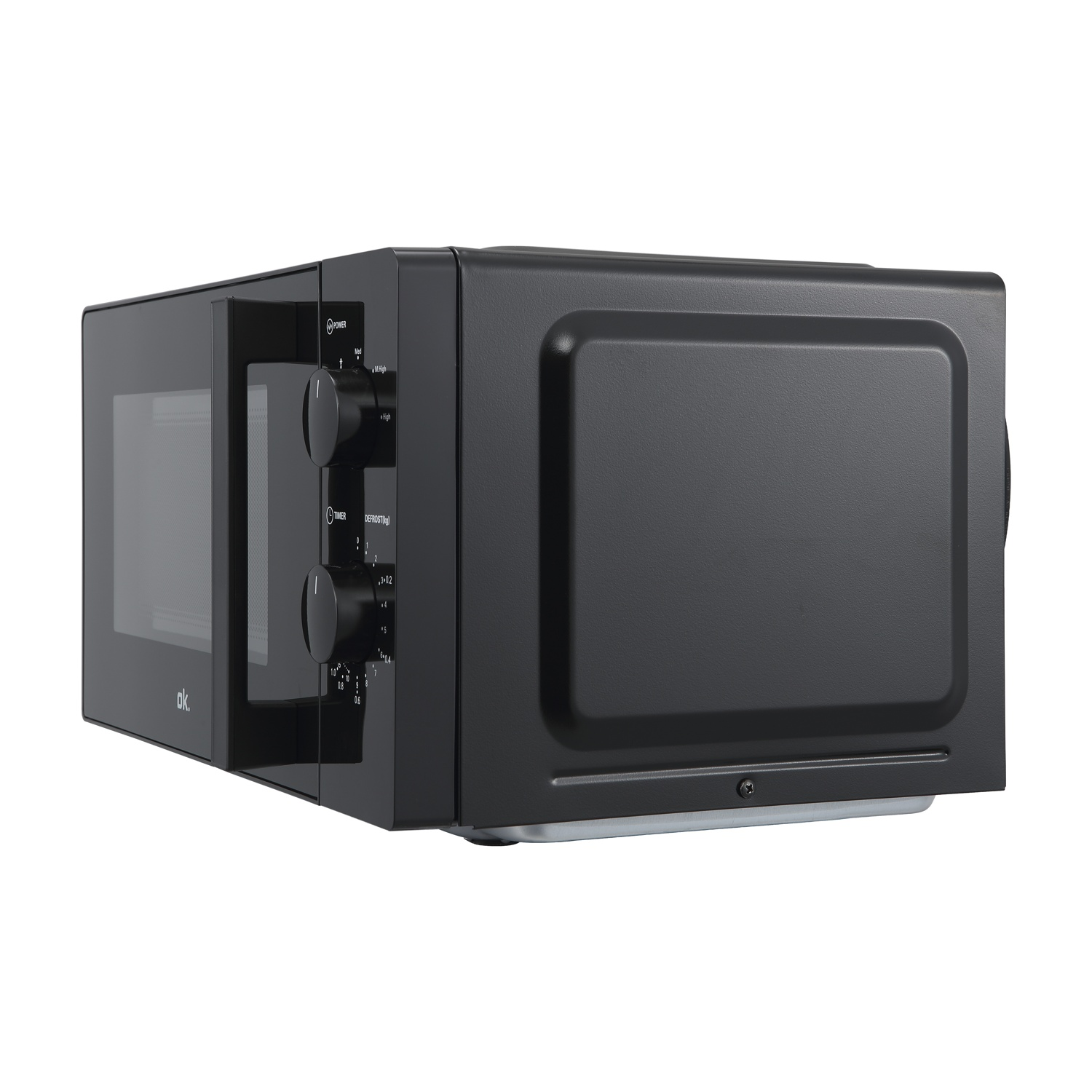 Forno a microonde nero con manopole per potenza e timer, porta in vetro.