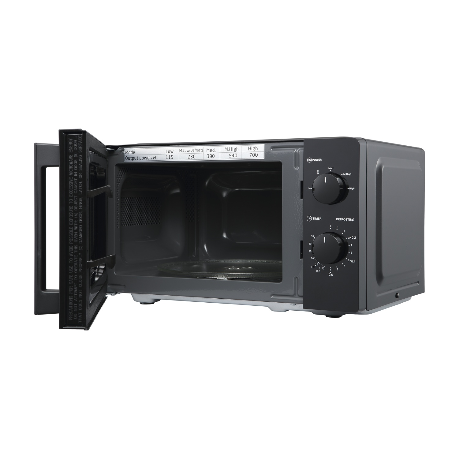 Forno a microonde grigio con porta aperta e manopole di controllo.