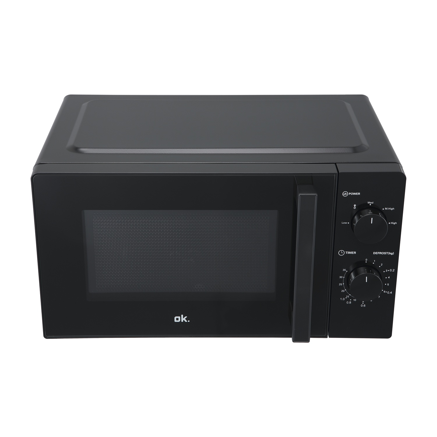 Forno a microonde nero marca OK. con manopole di potenza e timer sul lato destro.