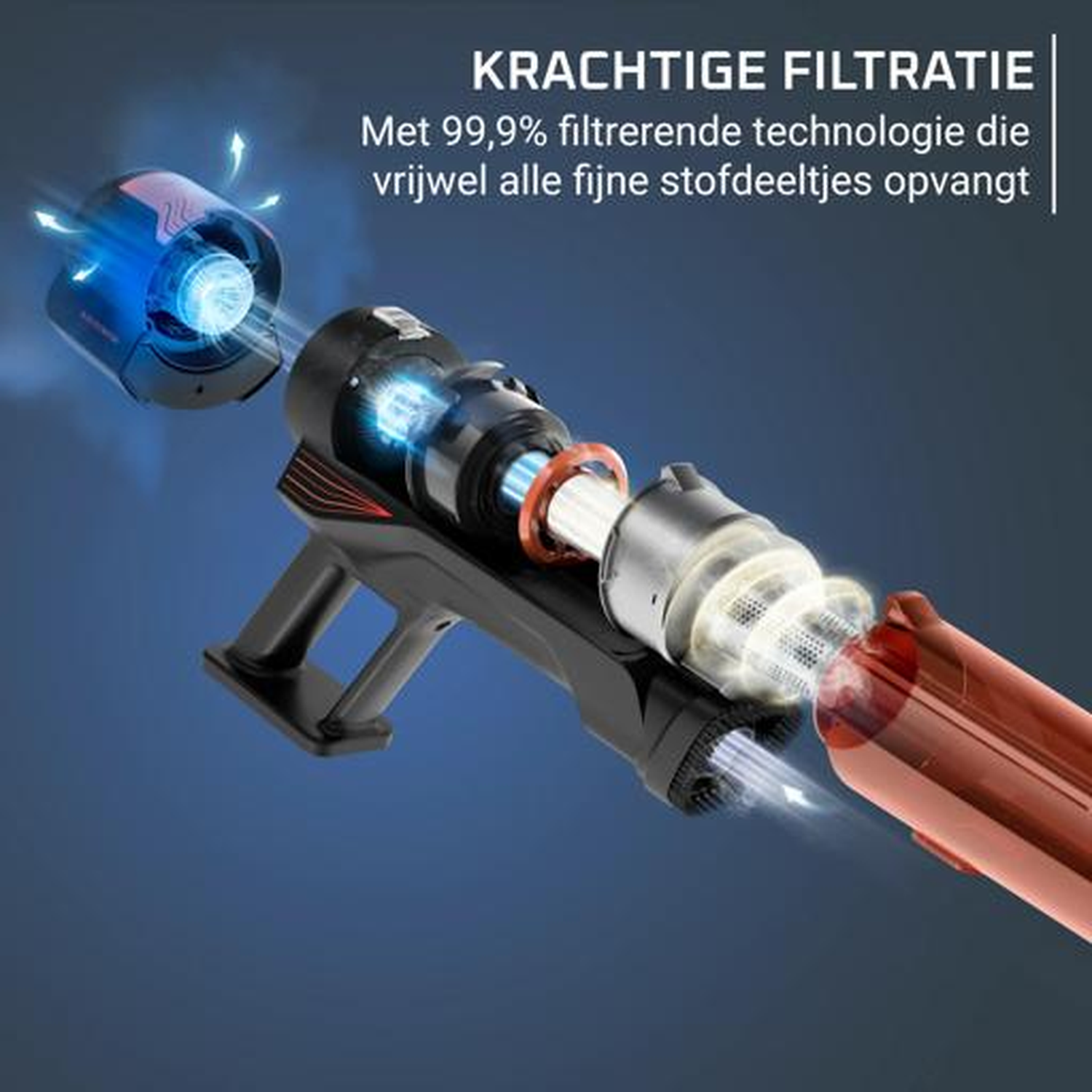 Close-up of a vacuum cleaner with blue light effects, showing filtration.