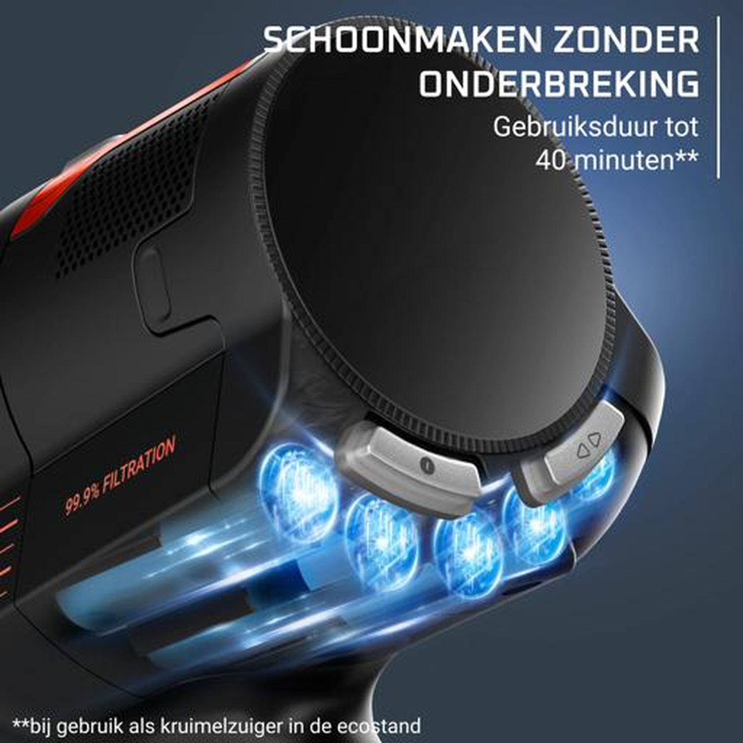 A black vacuum cleaner with red accents and blue lights. 99.9% filtration.