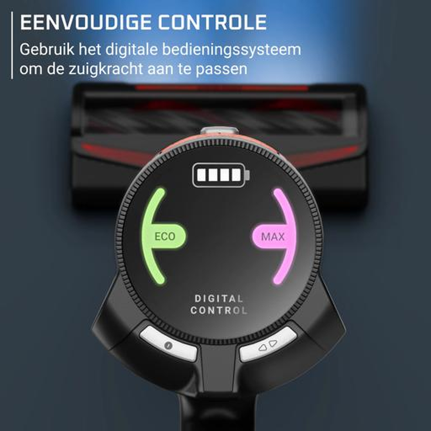 A vacuum cleaner handle with digital controls shows ECO and MAX settings.