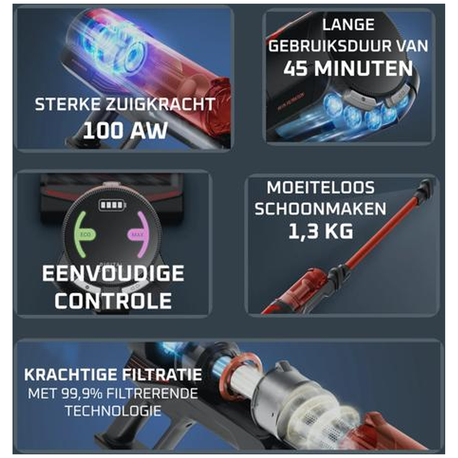 Cordless vacuum cleaner with 100 AW suction, 45 min runtime, 1.3 kg, filtration.