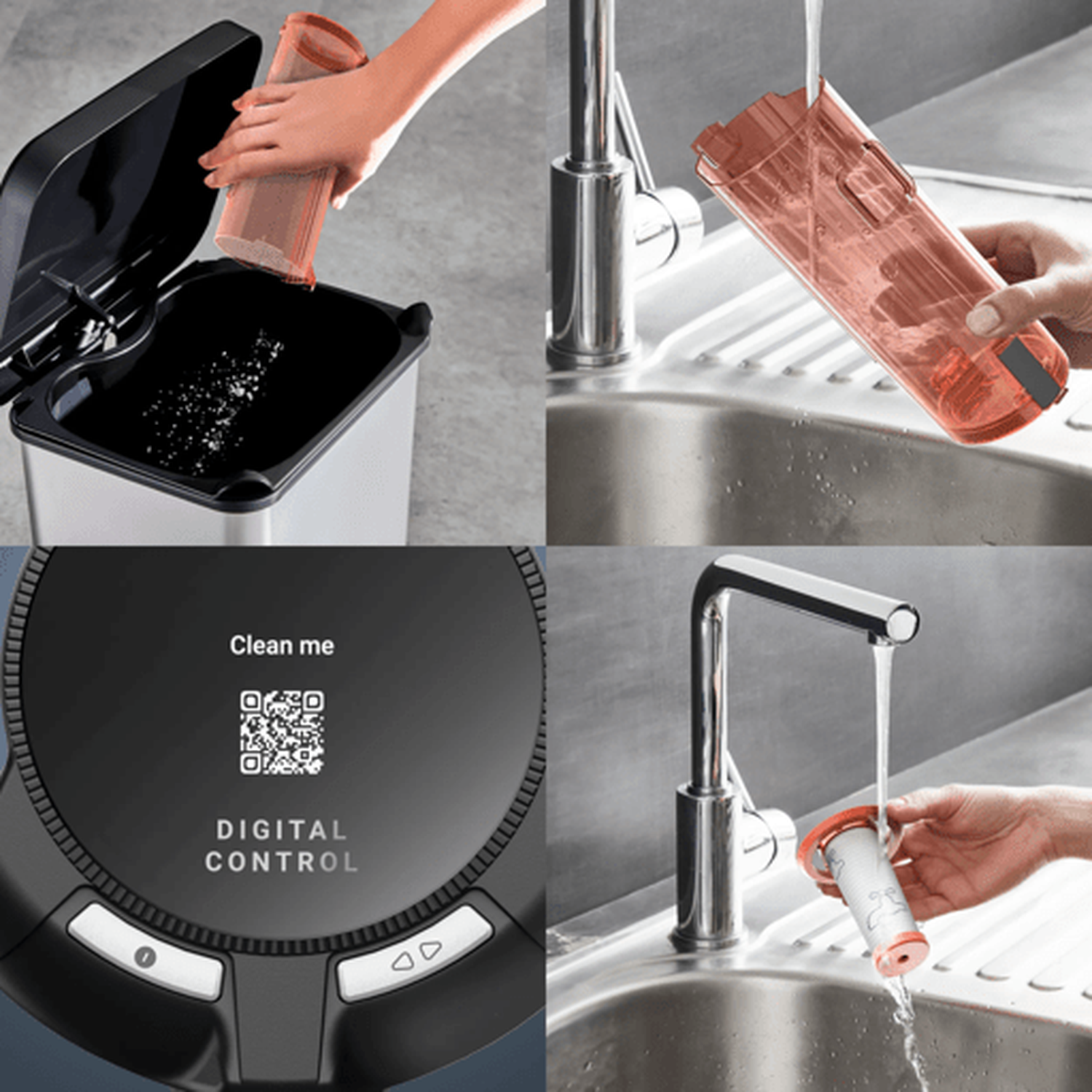 Collage shows cleaning vacuum parts: emptying dustbin, rinsing canister, digital control panel, rinsing filter.