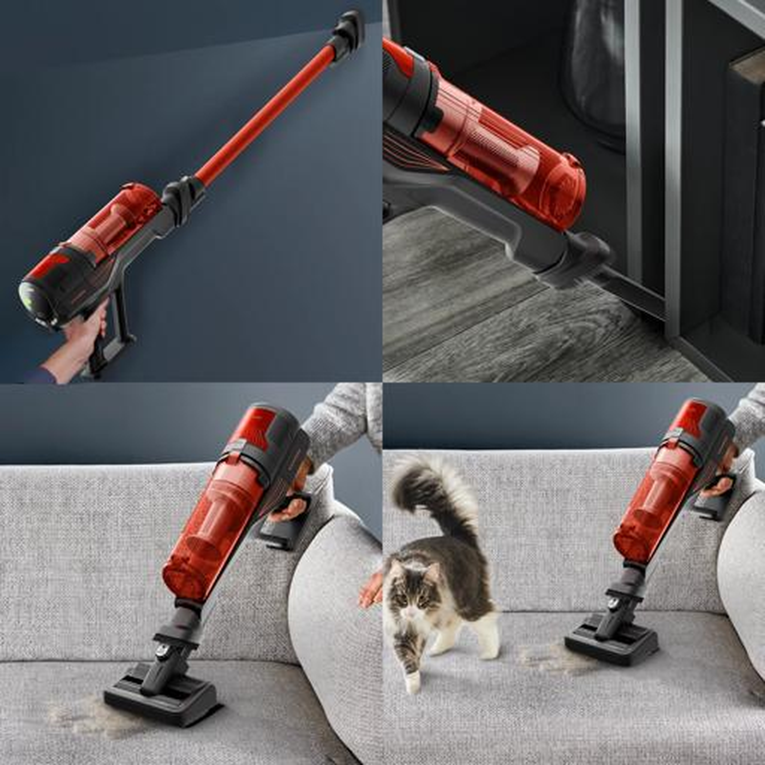 A man uses a red vacuum cleaner to clean a carpet, with a cat watching.