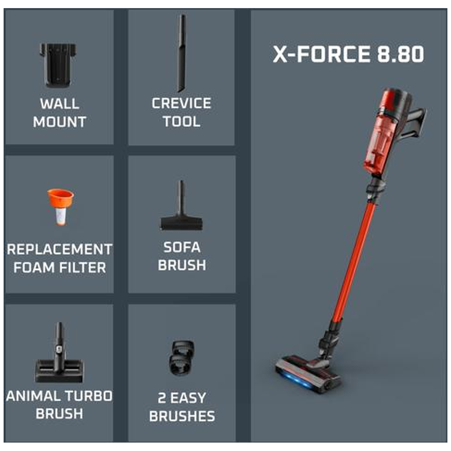 X-Force 8.80 vacuum with wall mount, crevice tool, filter, sofa brush.