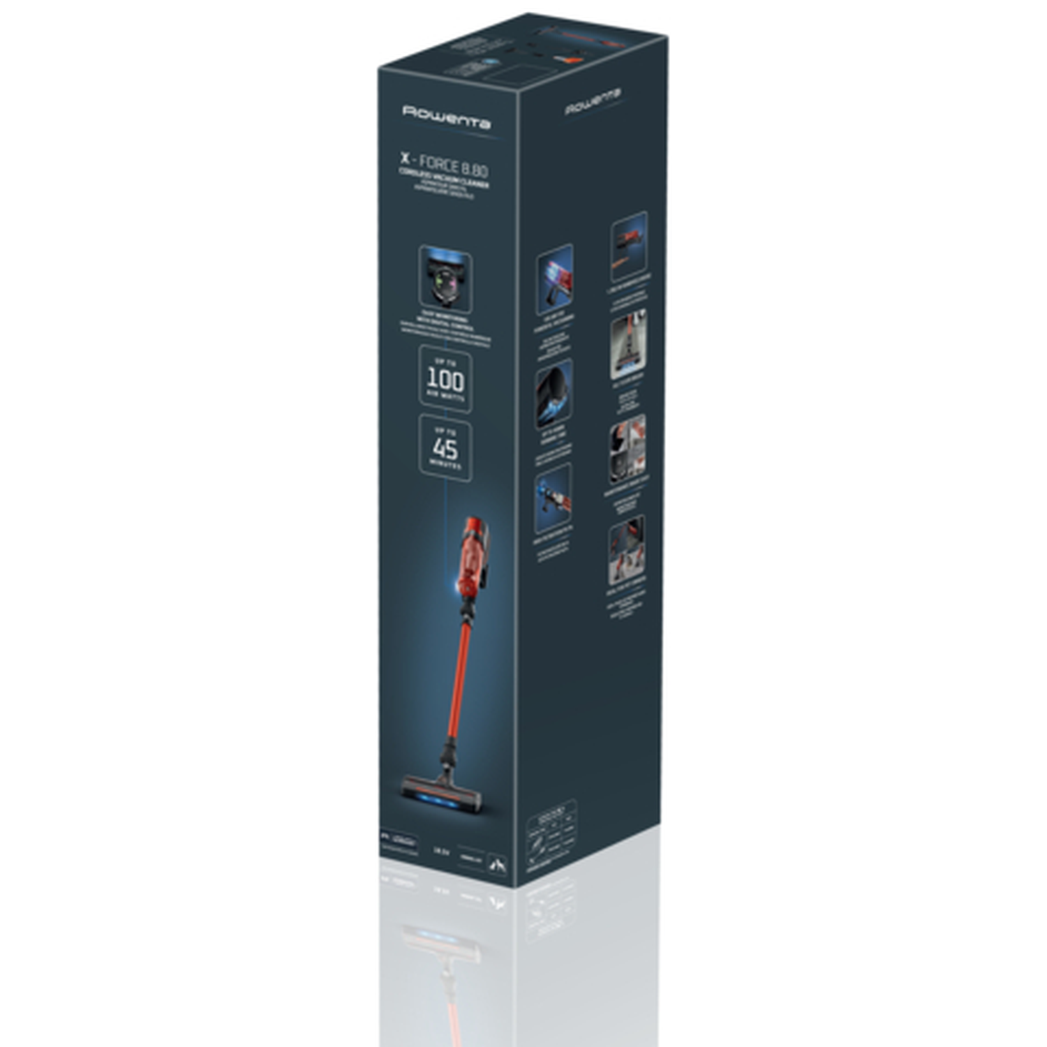 Rowenta X-Force 8.80 cordless vacuum cleaner box with product image and specs.