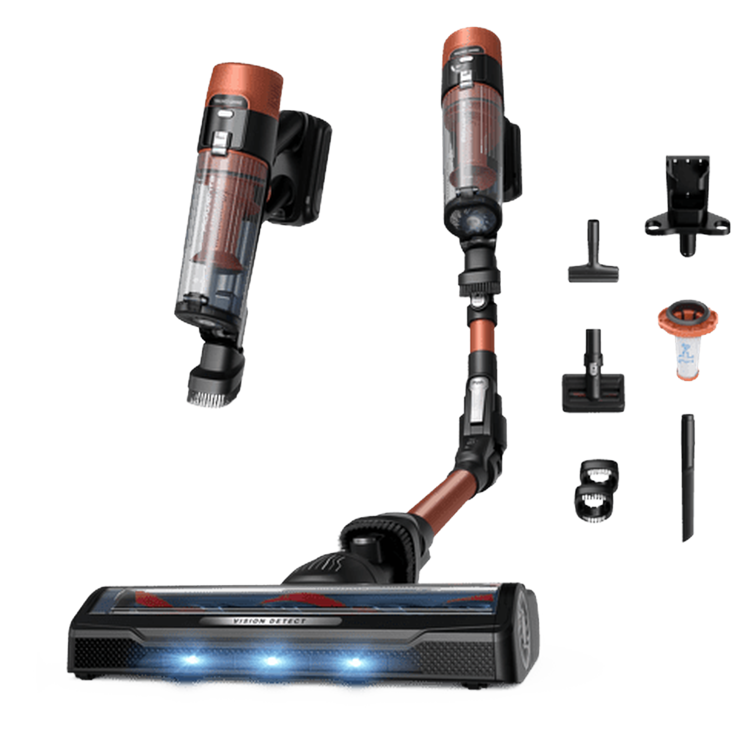 A cordless vacuum cleaner in orange and black with accessories.