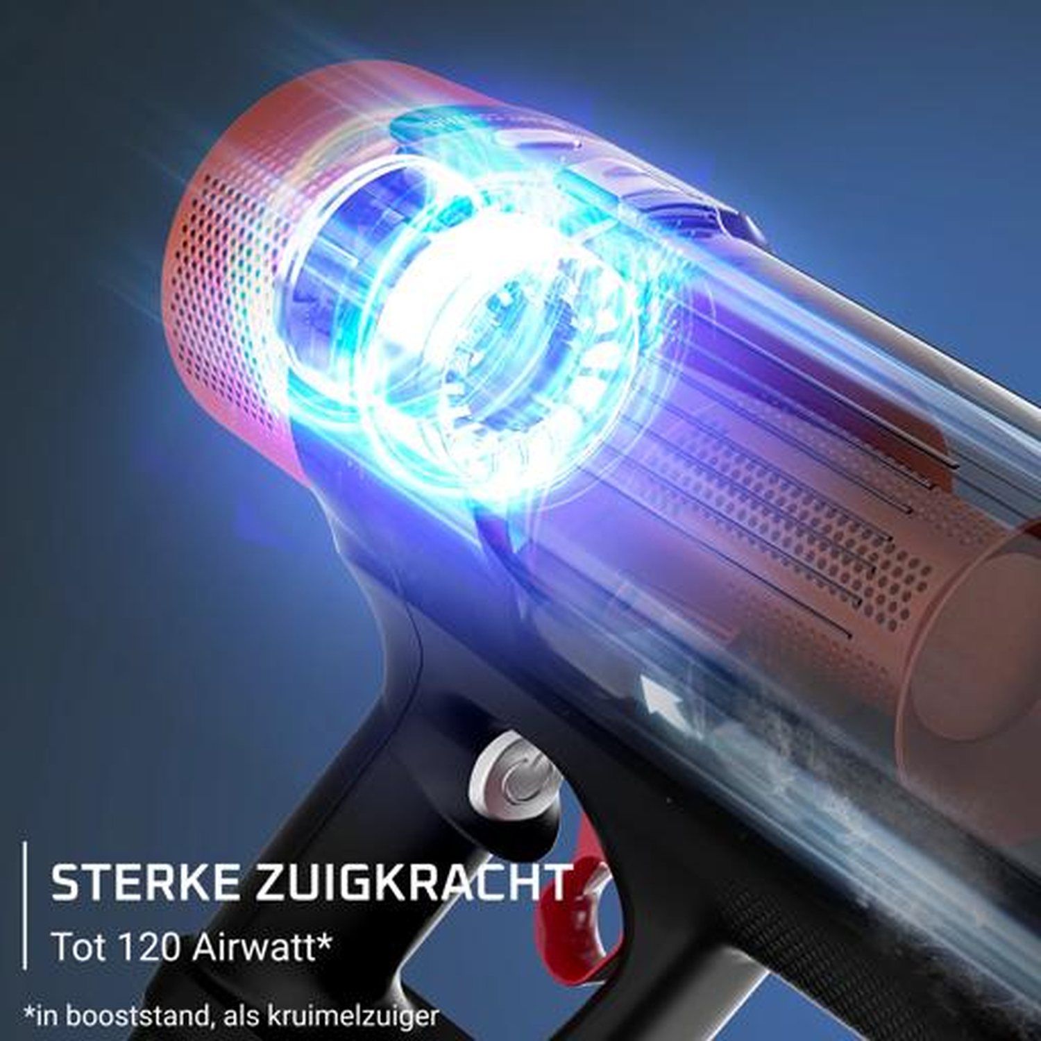 Close-up of a vacuum cleaner head with a blue light effect.