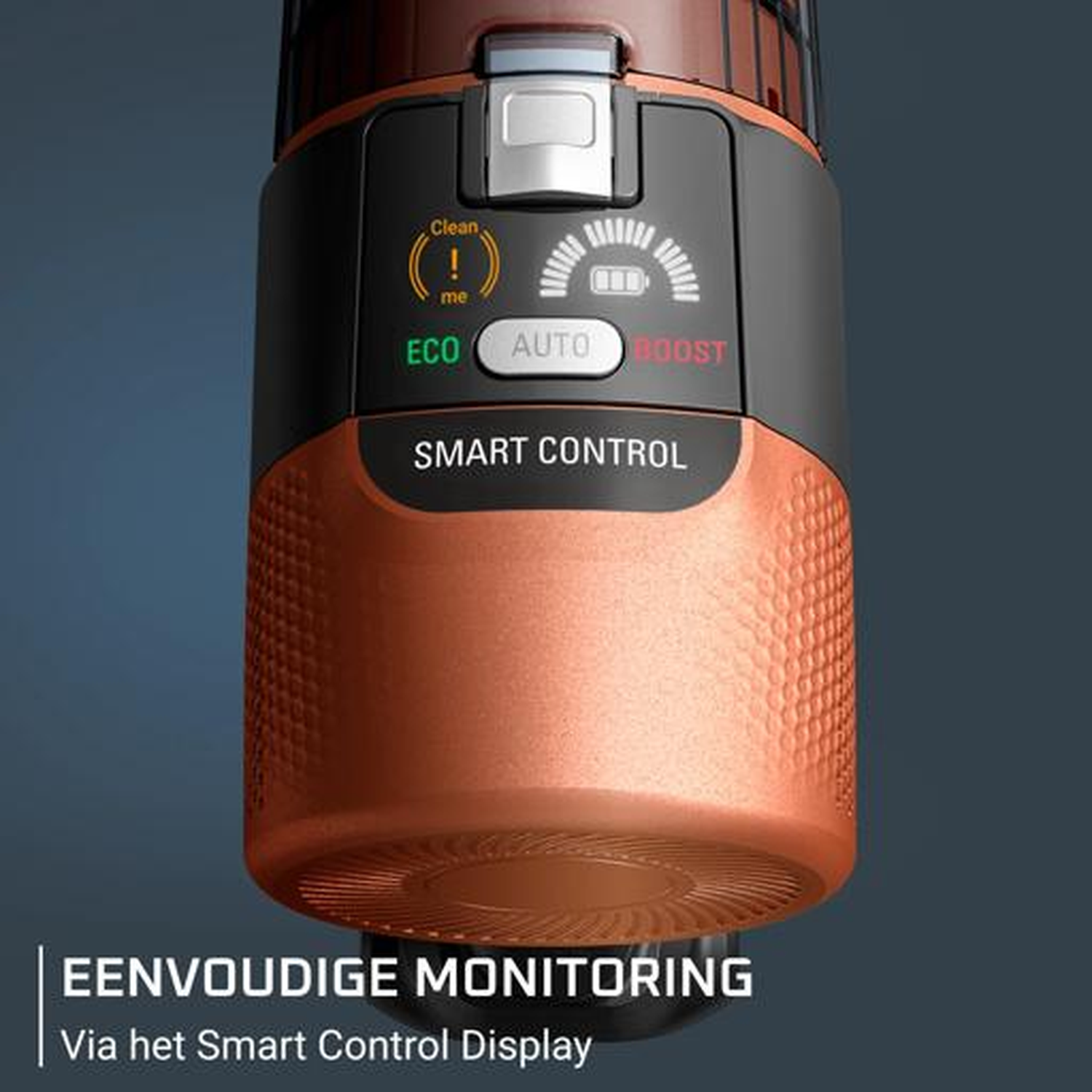 A vacuum cleaner's smart control display shows ECO, AUTO, BOOST modes and battery status.