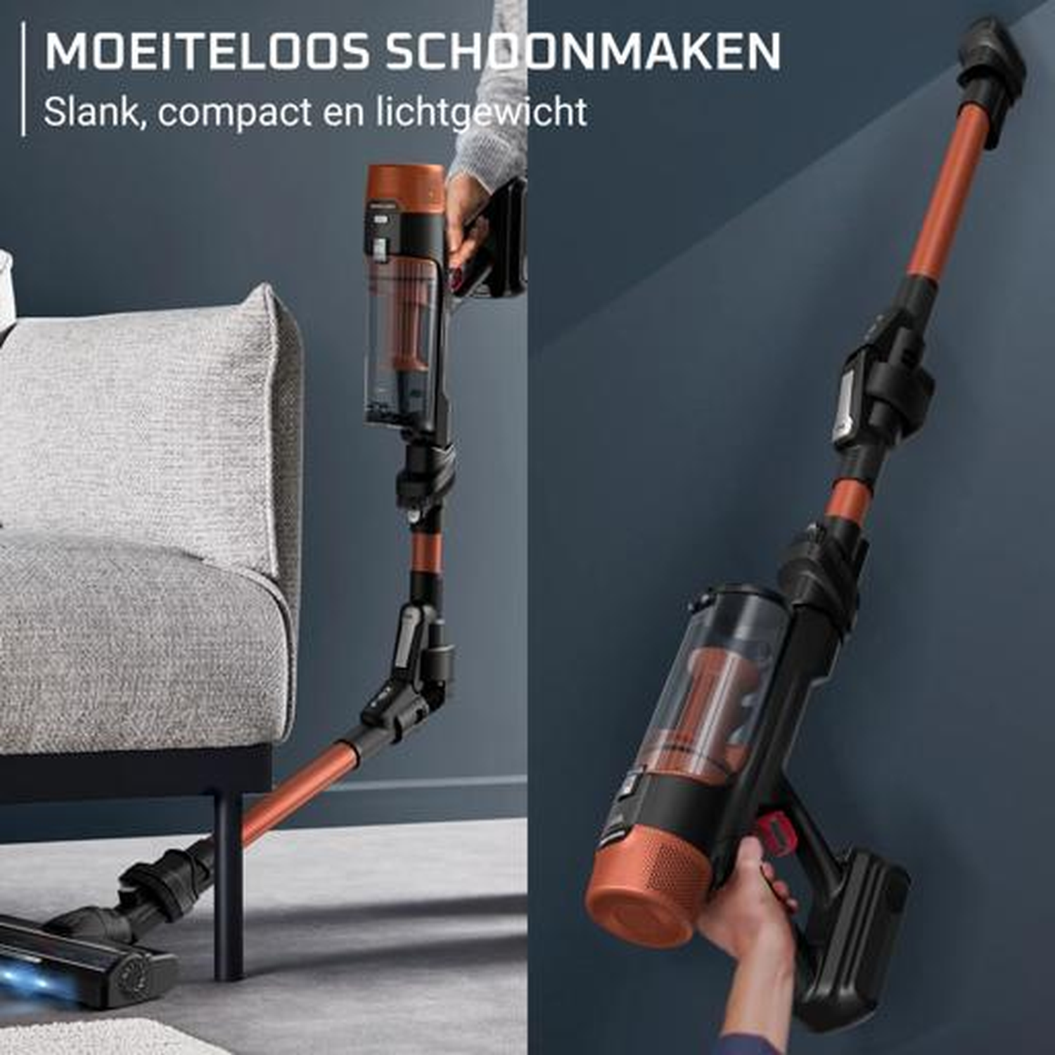 A sleek, orange and black cordless vacuum cleaner is held.