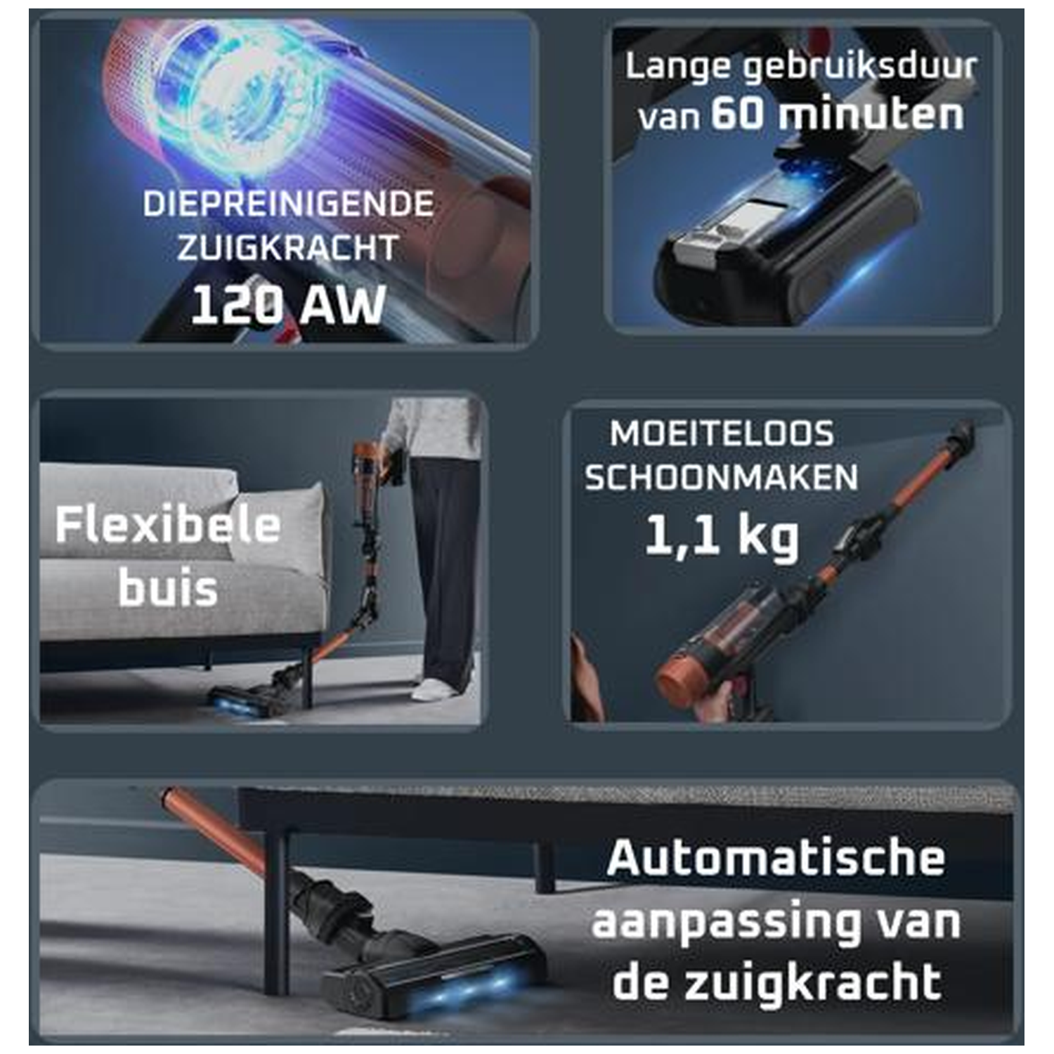Product images: Vacuum cleaner with 120 AW, 60 min runtime, flexible, and 1.1 kg.
