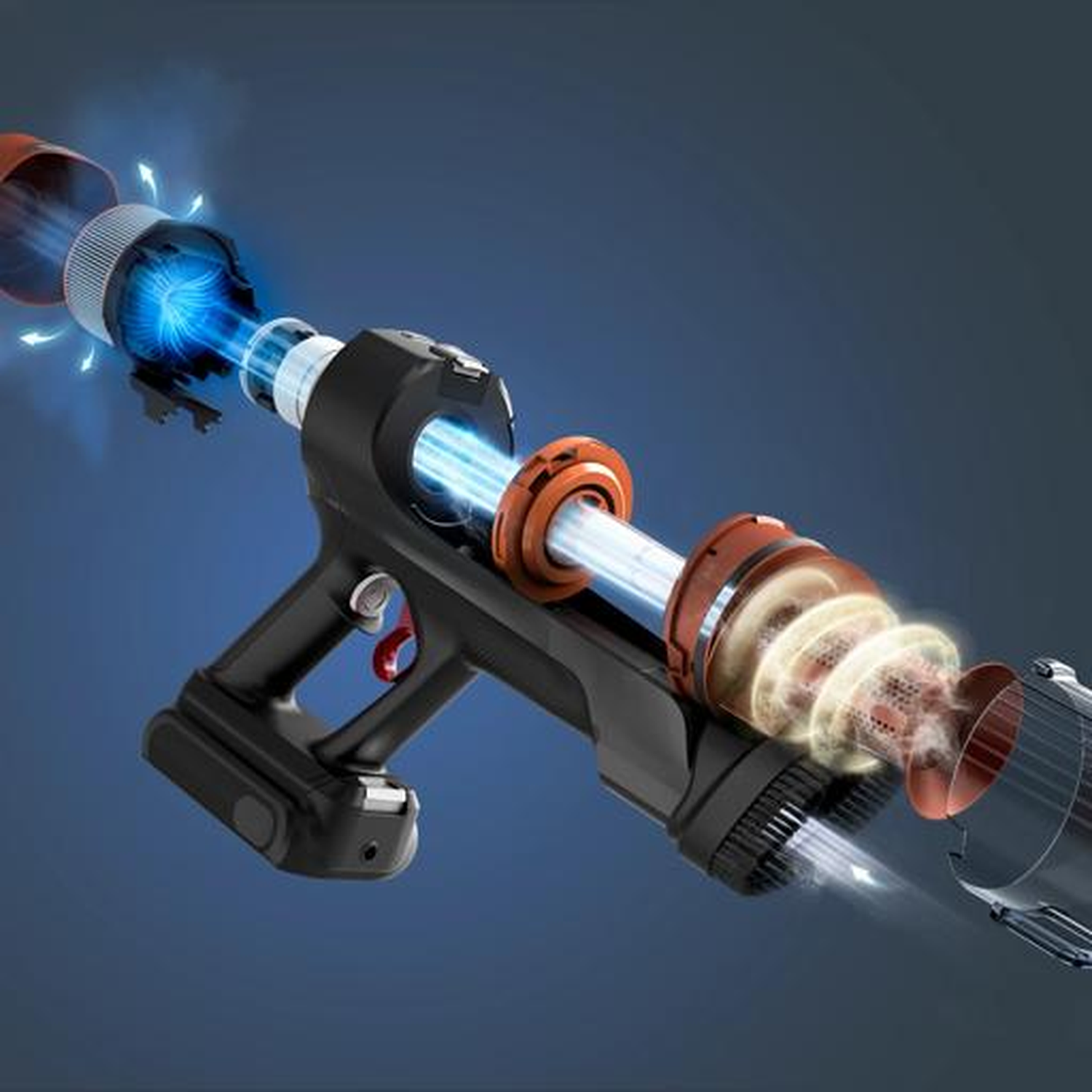 Close-up of vacuum cleaner internal parts with blue light and spinning elements.
