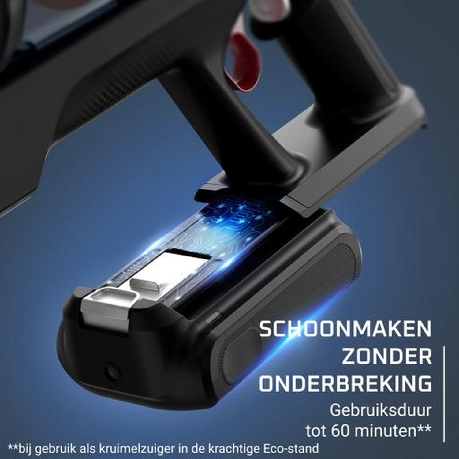 A black battery with blue lights, part of a device.