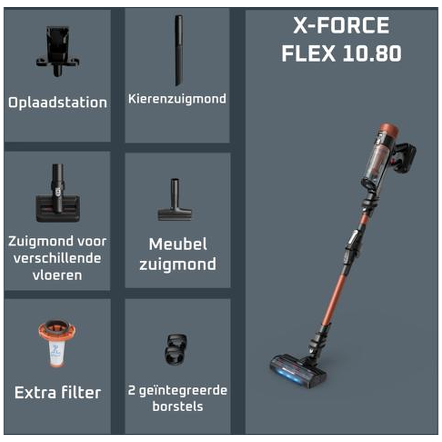 A X-FORCE FLEX 10.80 vacuum cleaner with accessories like charging station, nozzles and filter.