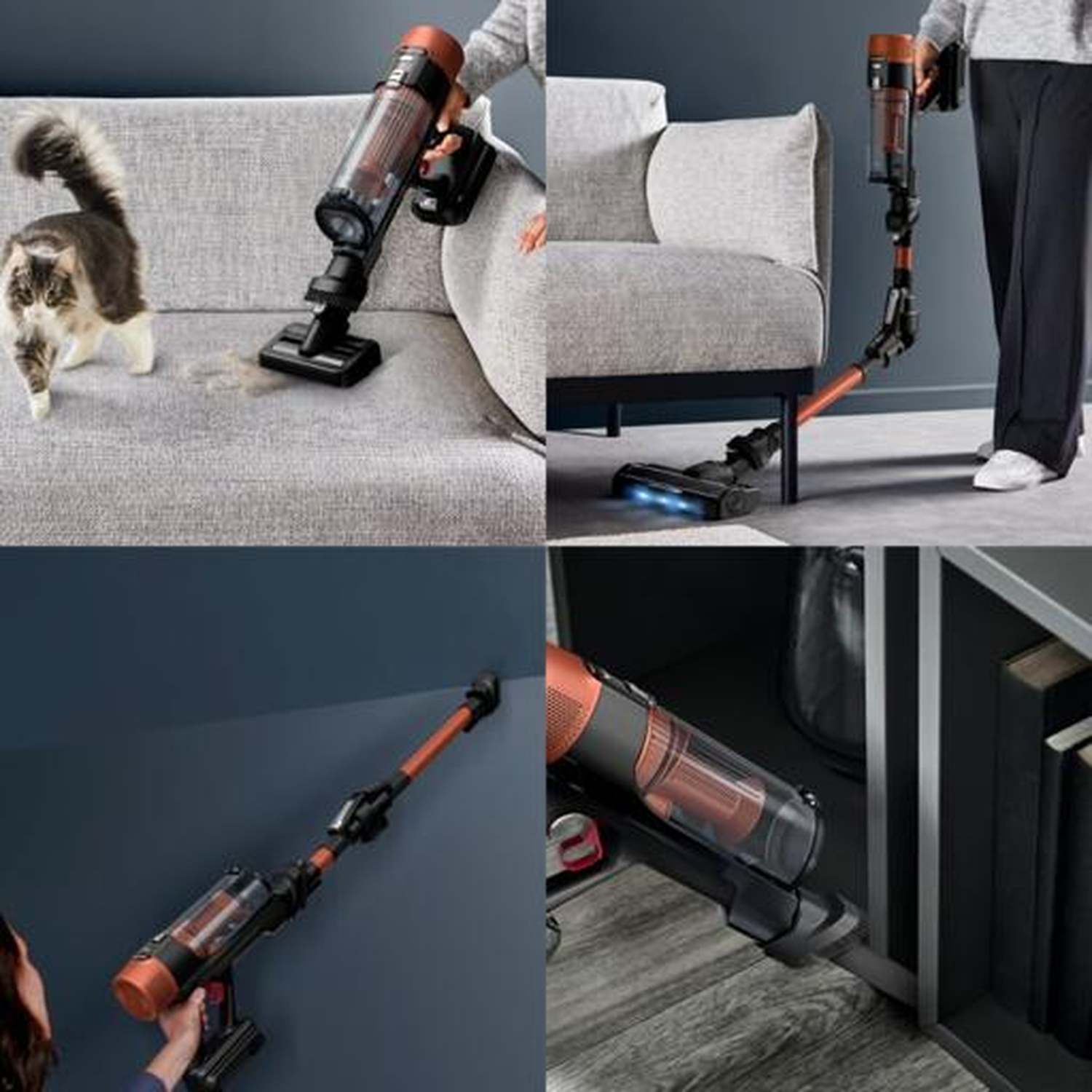 A cordless vacuum cleans a sofa, floor, and tight spaces, with a cat nearby.