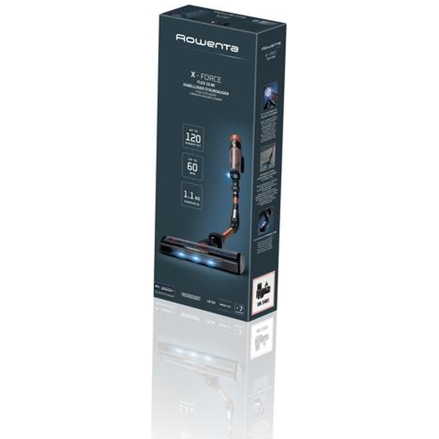 Rowenta X-Force Flex vacuum cleaner box with image of device and specs.