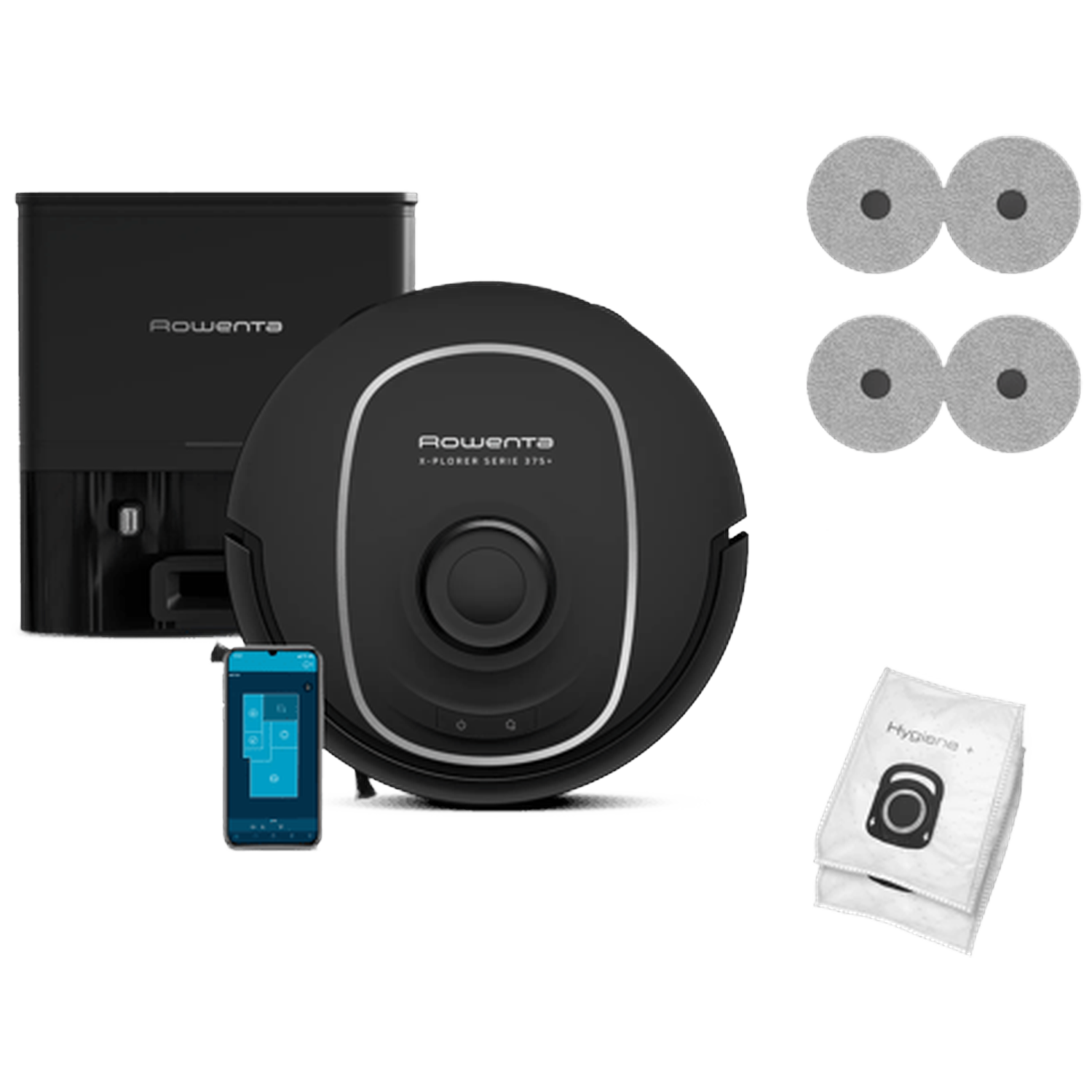 Zwarte Rowenta robotstofzuiger met laadstation, telefoon en schoonmaakaccessoires.