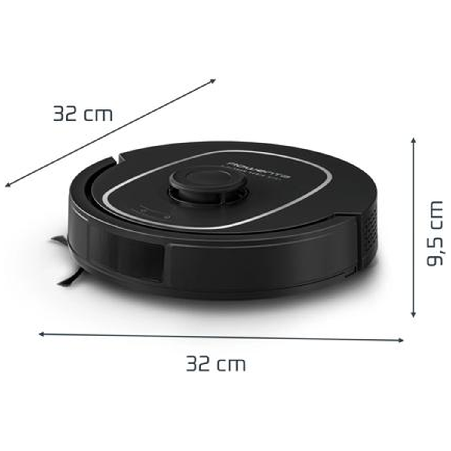Zwarte robotstofzuiger, 32cm diameter en 9.5cm hoogte.