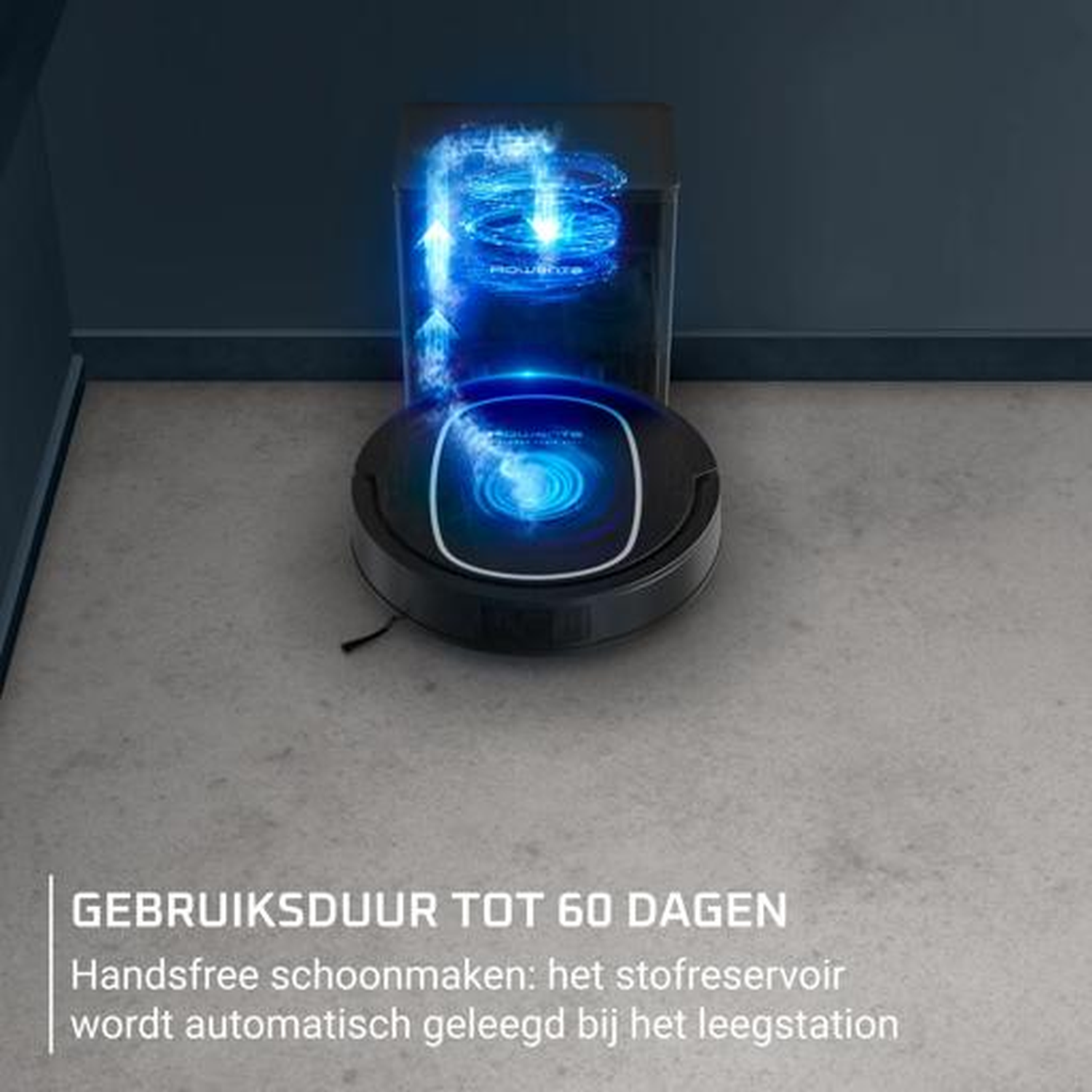 Een robotstofzuiger met laadstation en blauw licht.