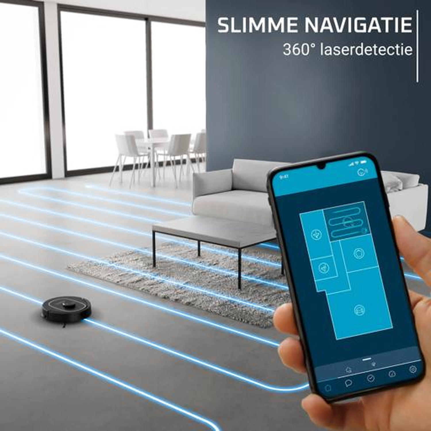 Een robotstofzuiger maakt een kamer schoon, een app toont een plattegrond.