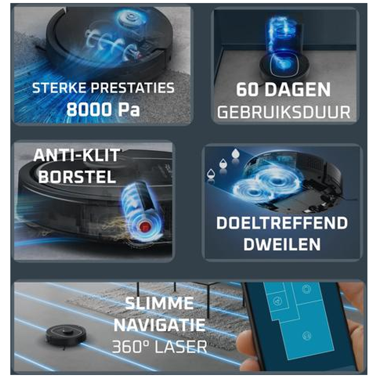 Robotstofzuiger 8000 Pa, 60 dagen gebruiksduur, anti-klit borstel, effectief dweilen, 360° laser navigatie.