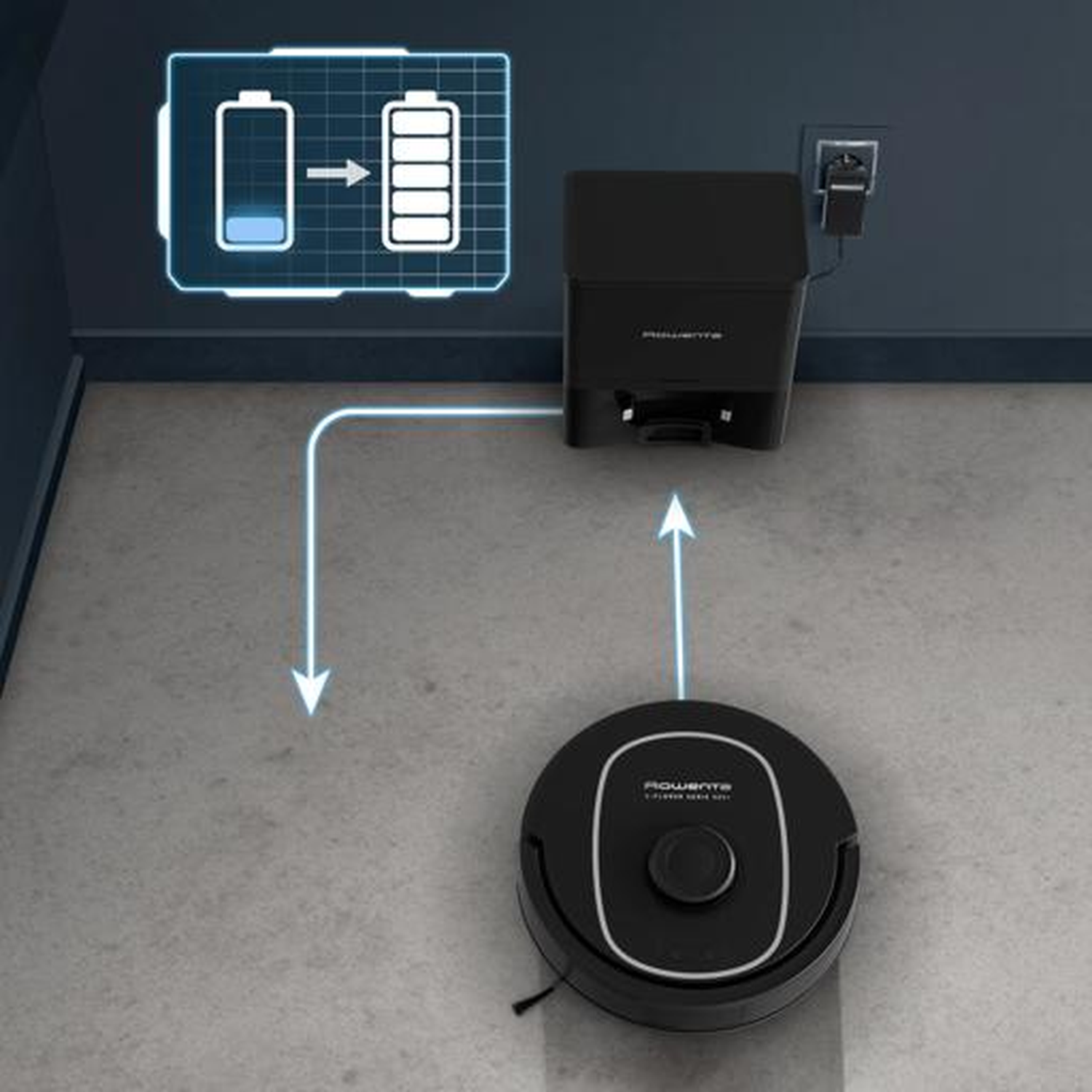 Robotstofzuiger laadt op. Batterij-icoon toont opladen van leeg naar vol.