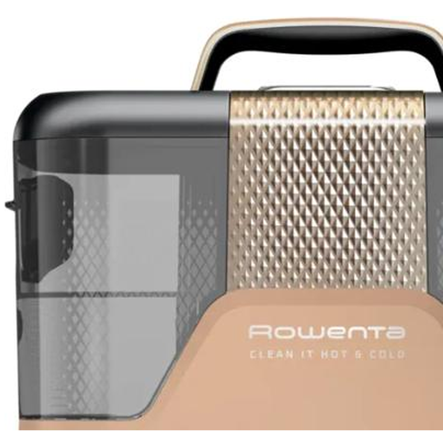 Close up of a bronze vacuum cleaner with a black handle and transparent dustbin.
