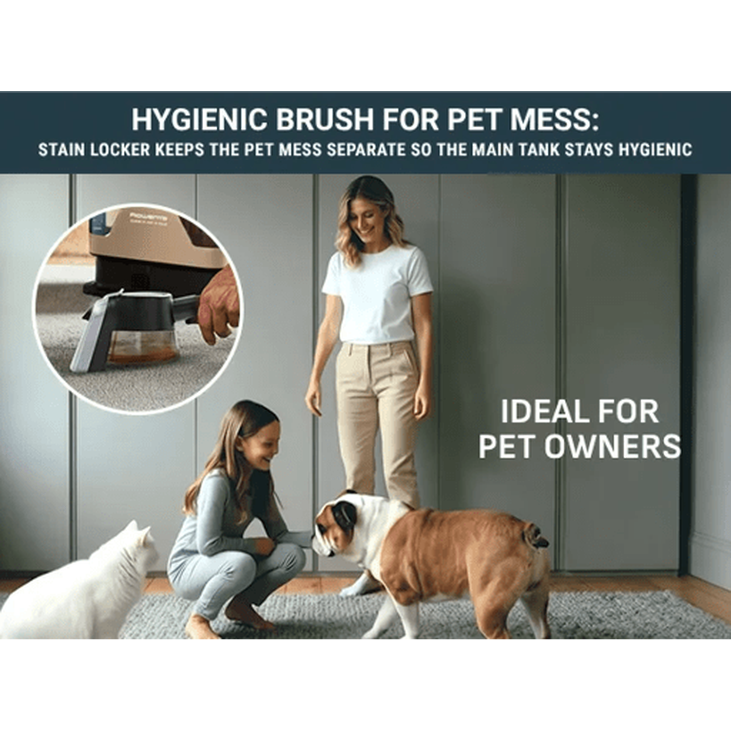 Woman and girl with pets, with text HYGIENIC BRUSH FOR PET MESS.