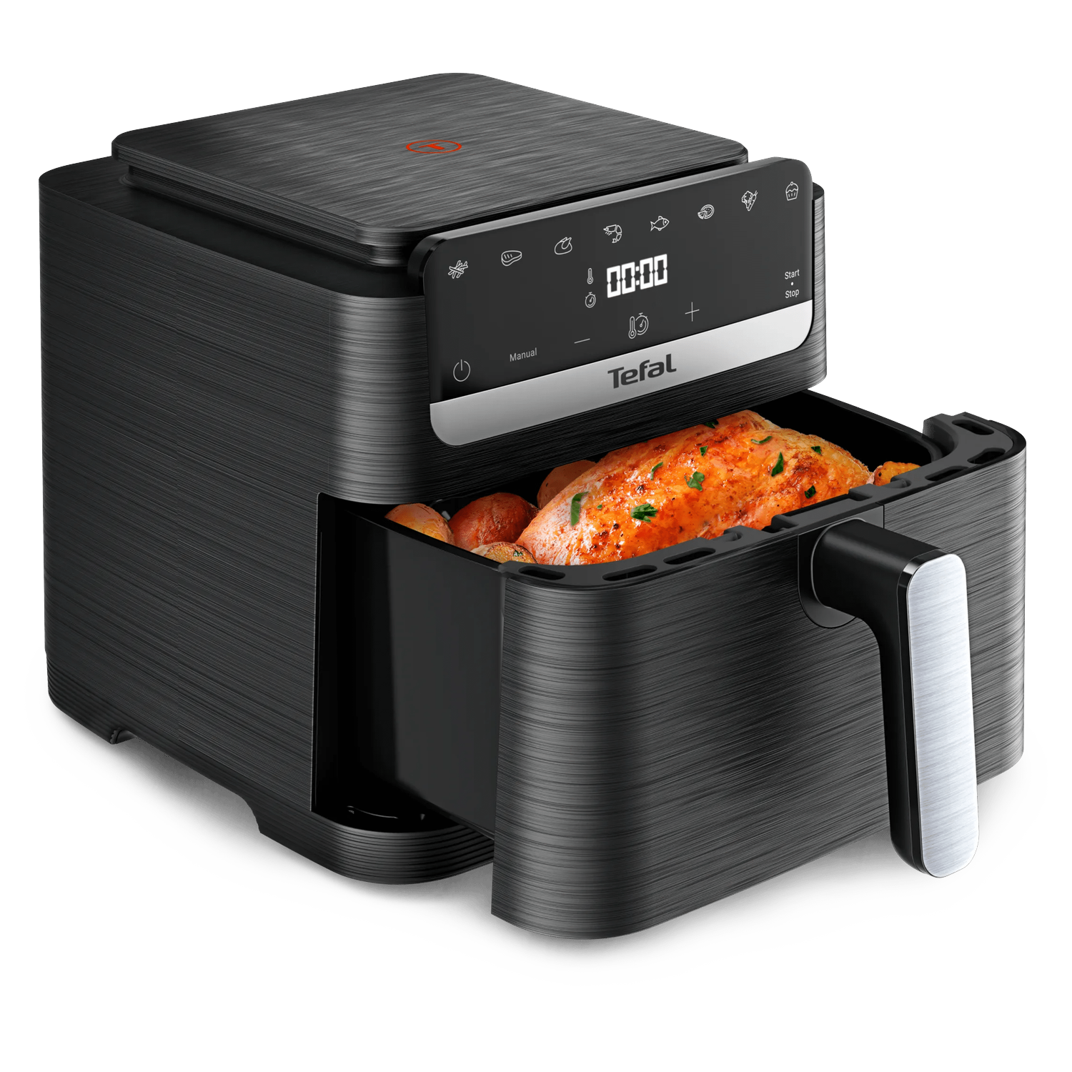Zwarte airfryer met geroosterde kip en aardappelen, digitaal display.