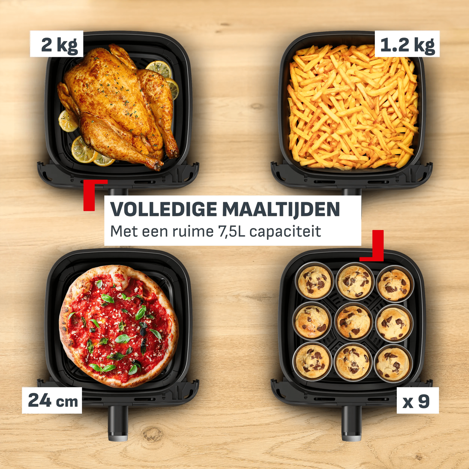 Een hele kip (2kg), friet (1.2kg), pizza (24cm) en 9 muffins in een airfryer.