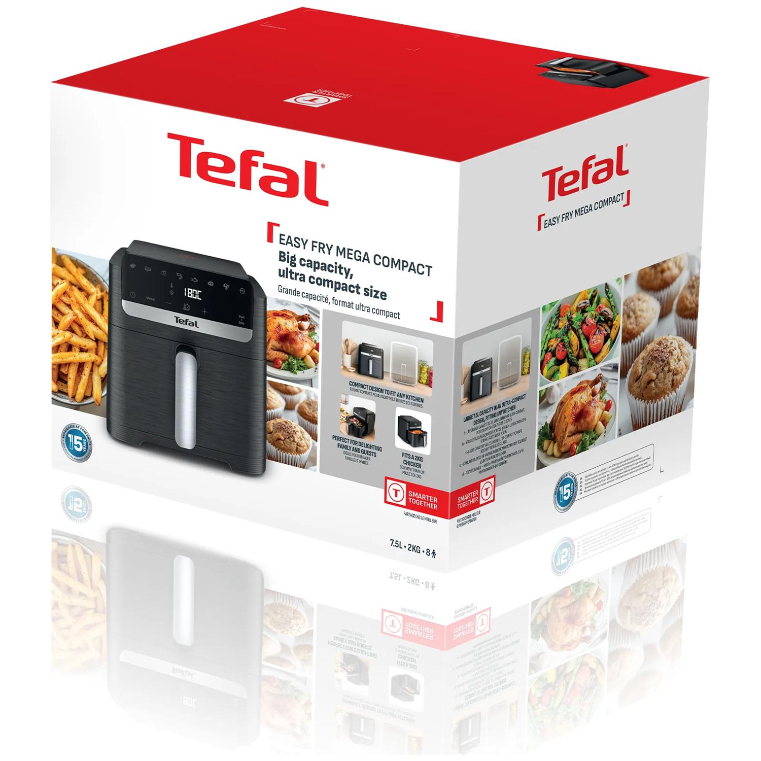 Tefal airfryer op verpakking met afbeeldingen van friet, kip en muffins.