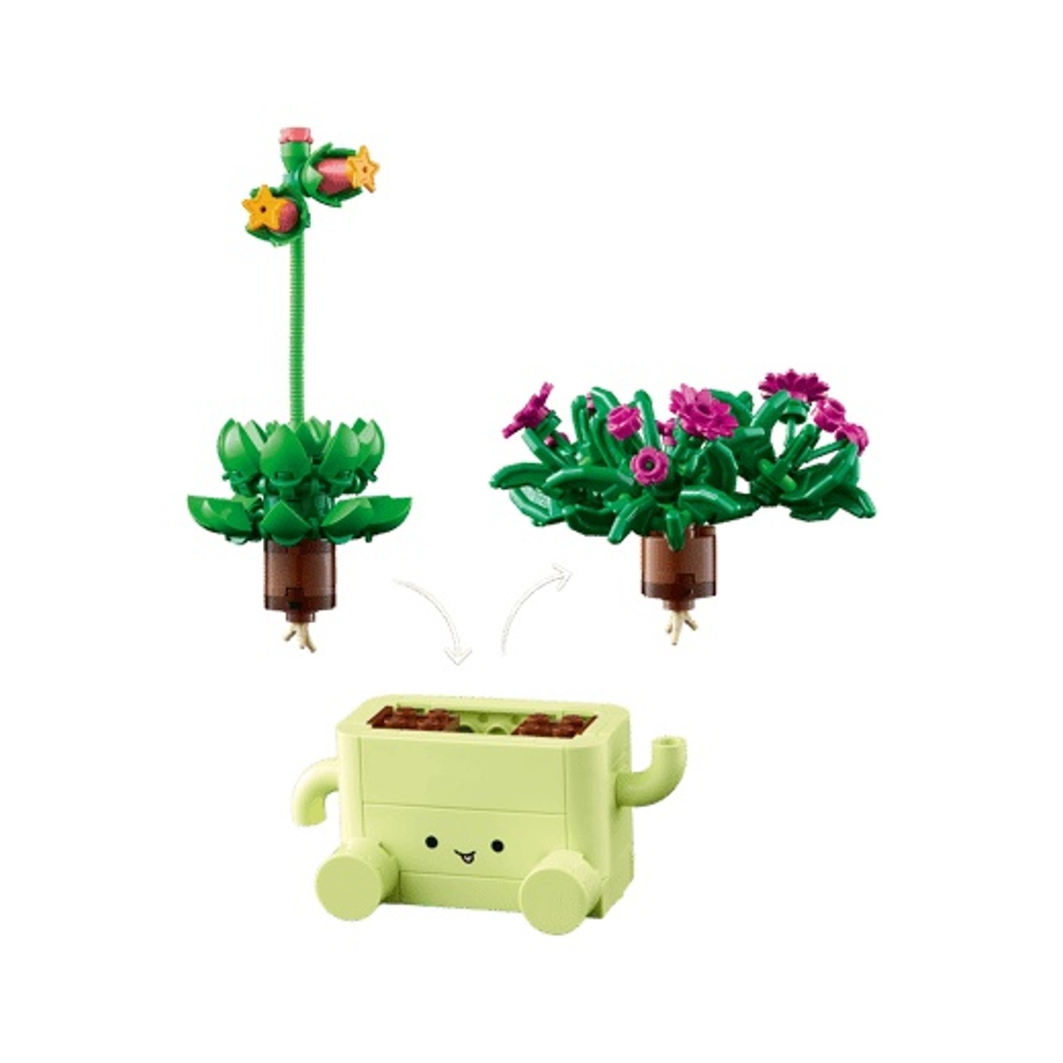 Un fioriera Lego verde con faccia, due piante Lego e frecce.