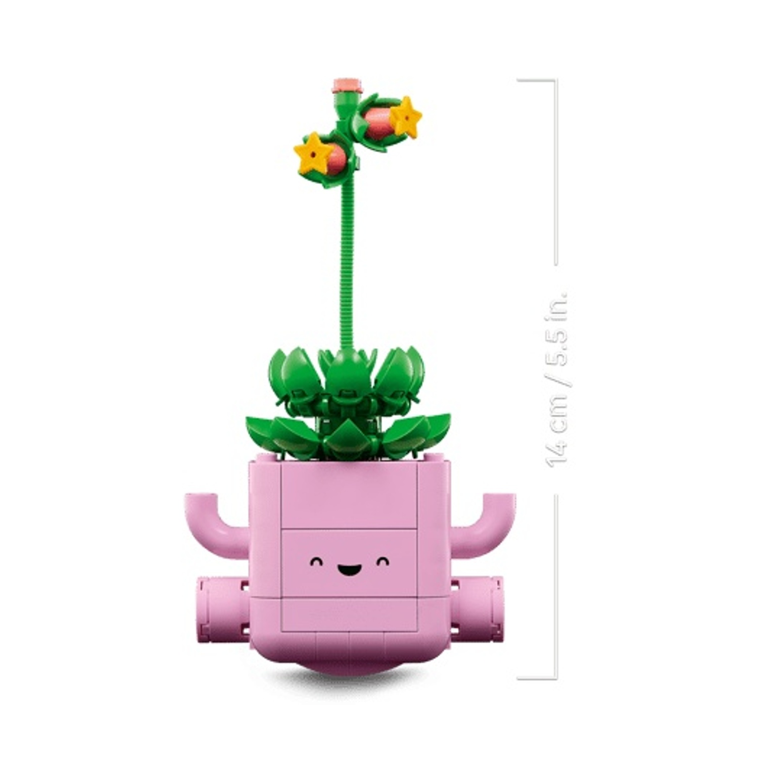 Un vaso Lego rosa con faccia sorridente, foglie verdi e fiori. Alto 14 cm.