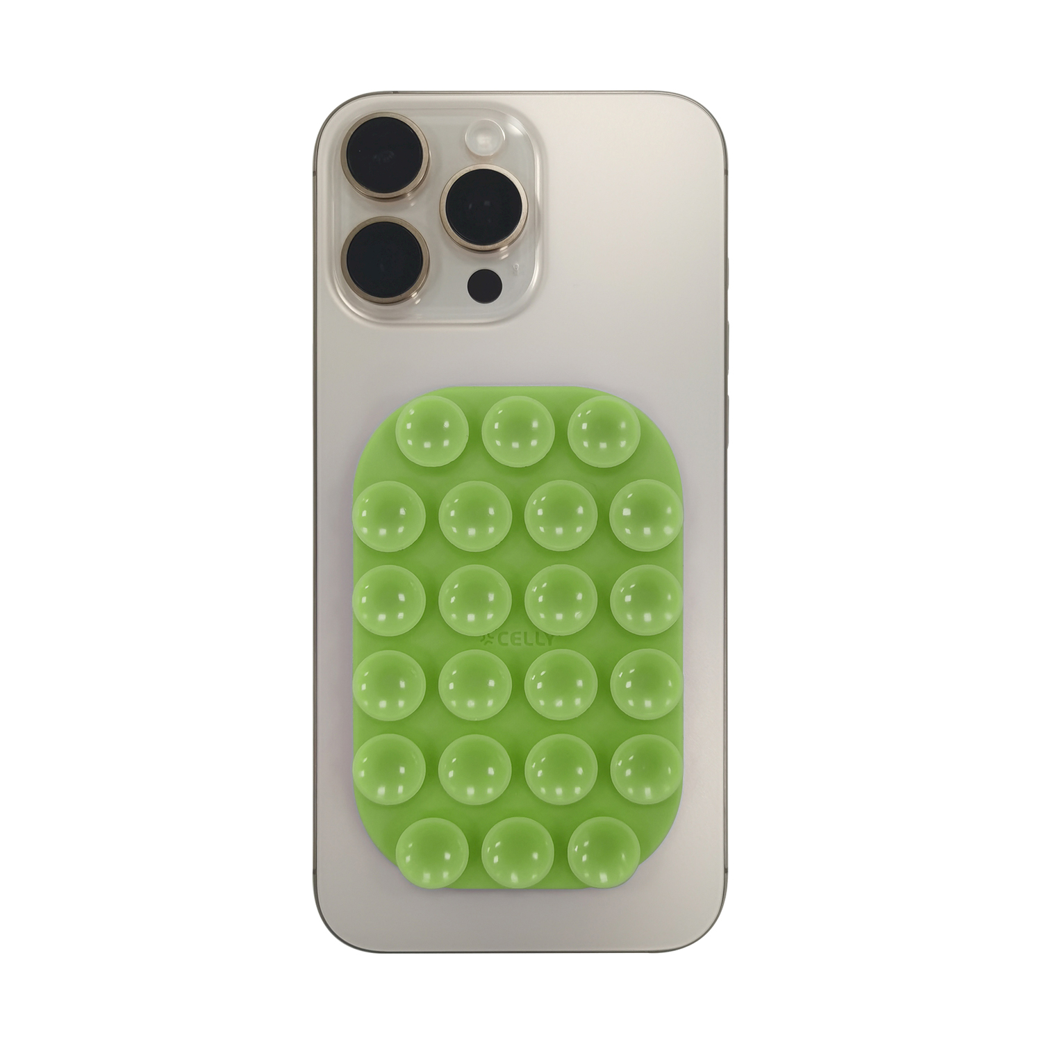 Uno smartphone argentato con un'impugnatura per telefono verde lime a bolle sul retro.