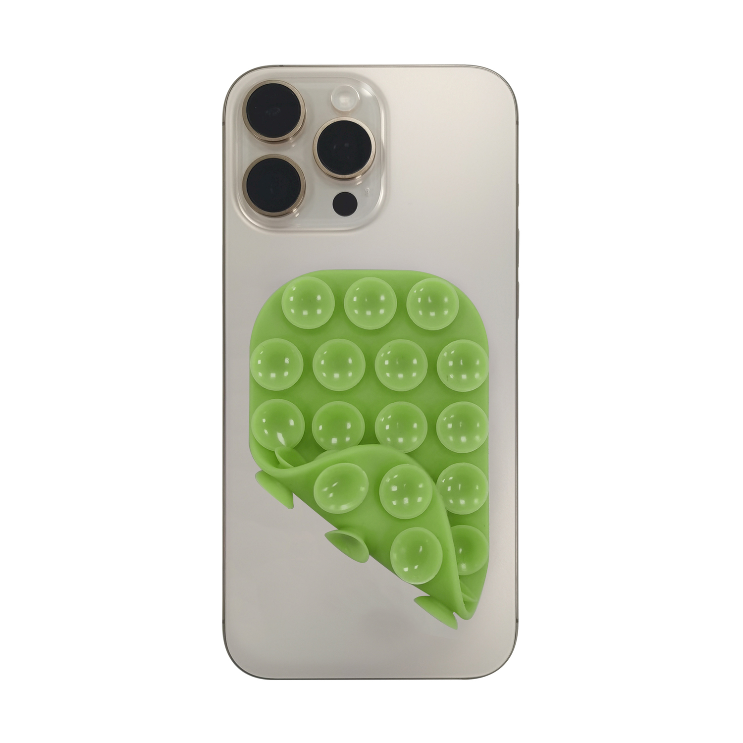 Un supporto a ventosa verde chiaro aderisce al retro di uno smartphone.