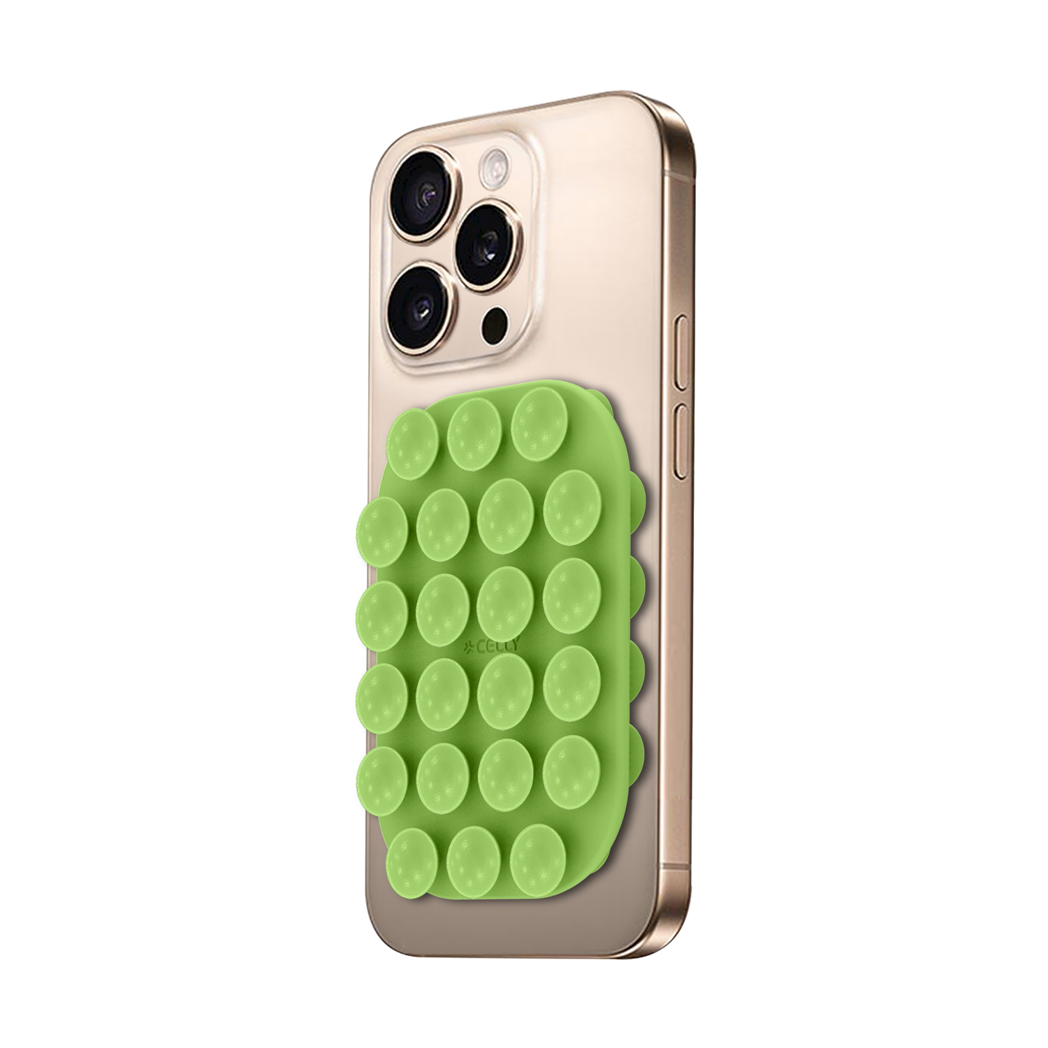 Smartphone dorato con supporto a ventosa verde sul retro.